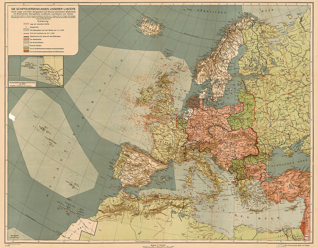 This old map of Boote : Nach Lage Und Zahl Dargestellt Auf Grund Amtlichen Materials Mit Seeschlachten, Sperrgebieten, Landfronten, Land-Gewinn Und -Verlust (Boote) from 1918 was created by  Carl Flemming (Firm) in 1918