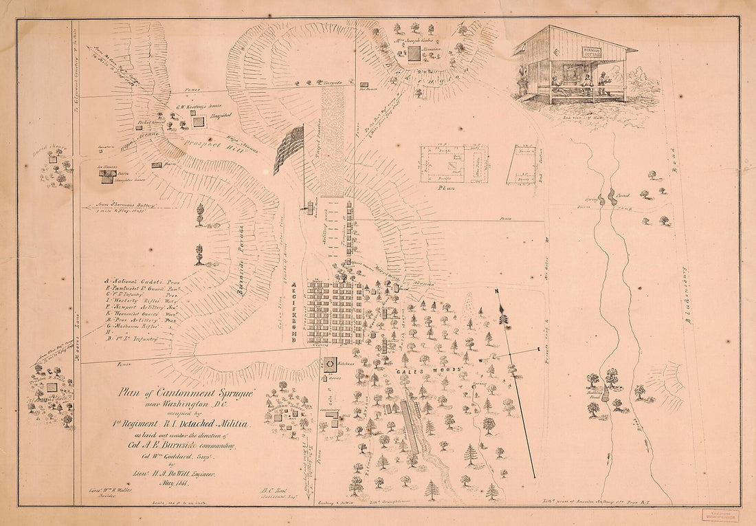 This old map of Plan of Cantonment Sprague Near Washington D.C. : Occupied by 1st Regiment R.I. Detached Militia (Cantonment Sprague) from 1861 was created by Ambrose Everett Burnside, H. A. De Witt, William Goddard, Anthony &amp; Co Knowles in 1861