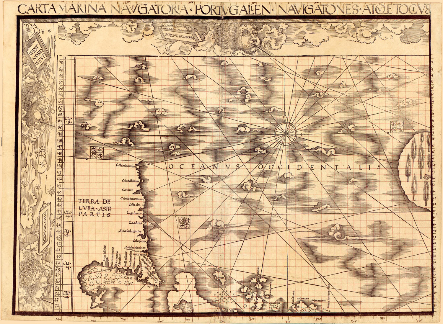 This old map of Carta Marina Navigatoria Portvgallen Navigationes, Atqve Tocius Cogniti Orbis Terre Marisqve Formam Natvram Sitvs Et Terminos Nostris Temporibvs Recognitos Et Ab Antiqvorum Traditione Differentes, Eciam Qvor Vetvsti Non Meminervnt Avtores