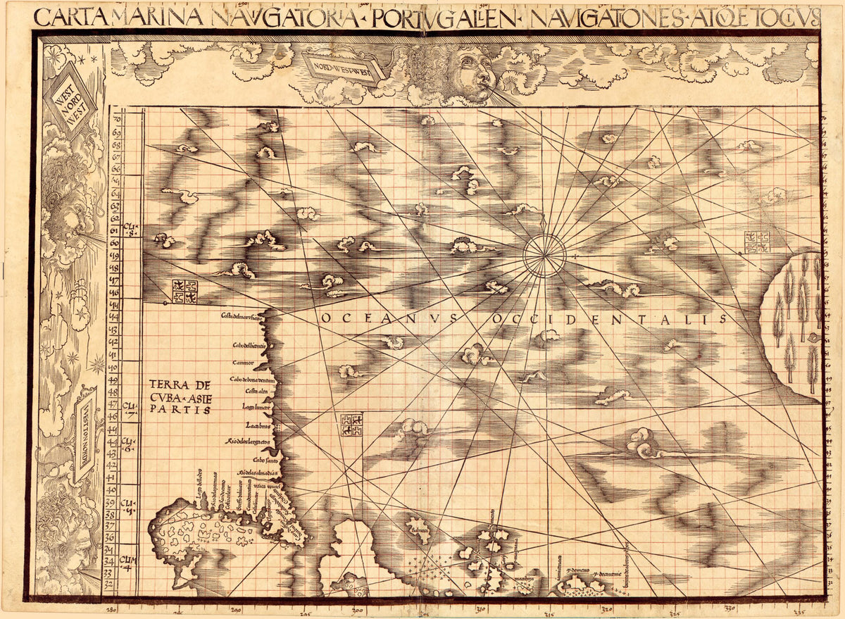 Carta Marina Navigatoria Portvgallen Navigationes, Atqve Tocius Cogniti Orbis Terre Marisqve Formam Natvram Sitvs Et Terminos Nostris Temporibvs Recognitos Et Ab Antiqvorum Traditione Differentes, Eciam Qvor Vetvsti Non Meminervnt Avtores, Hec General... by Relic Map Company