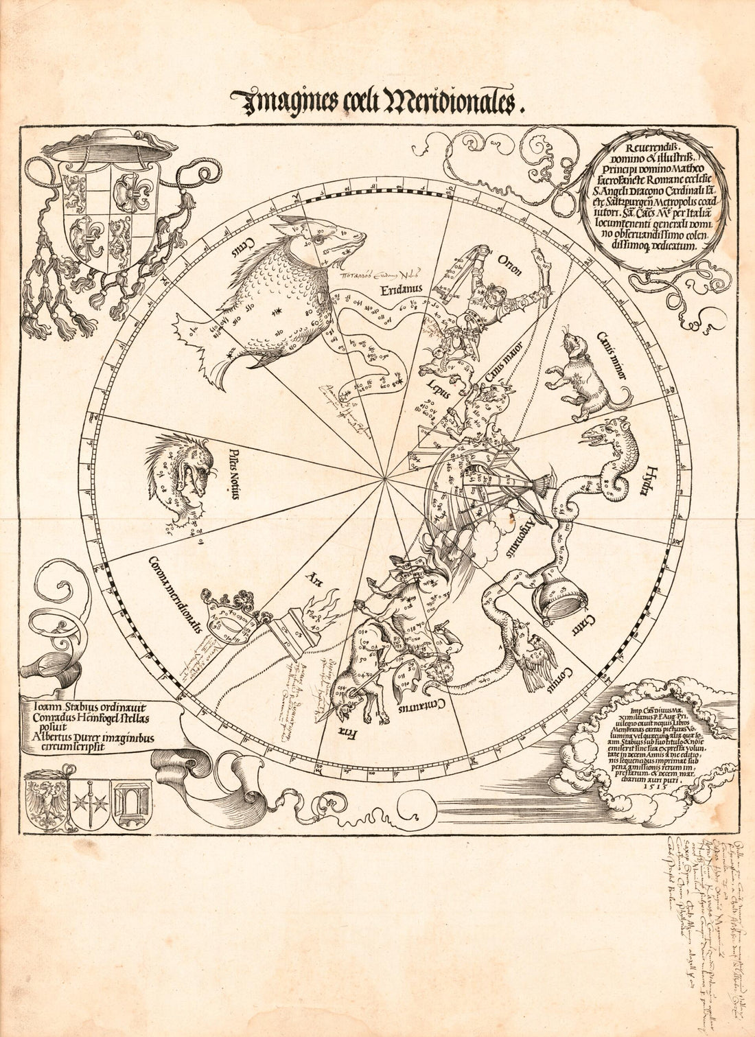 This old map of Imagines Coeli Meridionales from 1515 was created by Albrecht Dürer,  Jay I. Kislak Collection (Library of Congress), Johann Schöner, Johannes Stabius in 1515