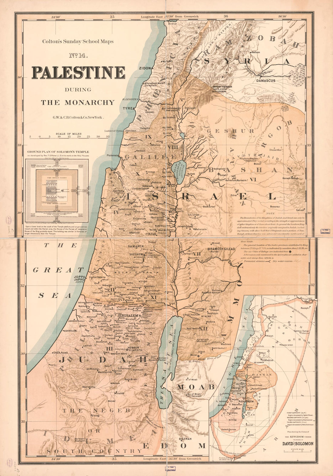 This old map of Palestine During the Monarchy from 1895 was created by G. Woolworth (George Woolworth) Colton in 1895