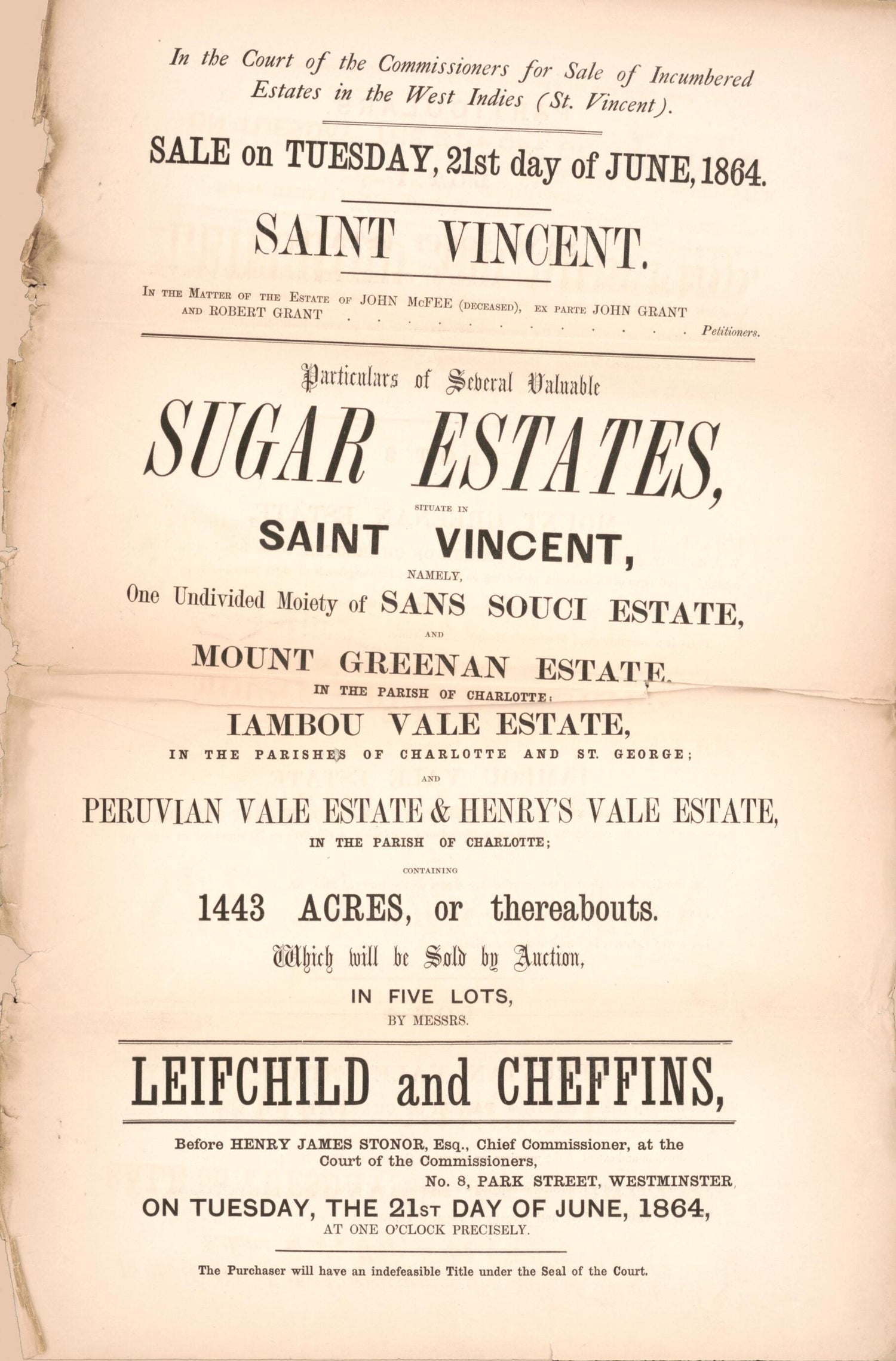 This old map of Saint Vincent, Particulars of Several Valuable Sugar Estates : Situate In Saint Vincent, Namely, One Undivided Moiety of San Souci Estate and Mount Greenan Estate In the Parish of Charlotte, Lambou Vale Estate In the Parishes of Charlotte