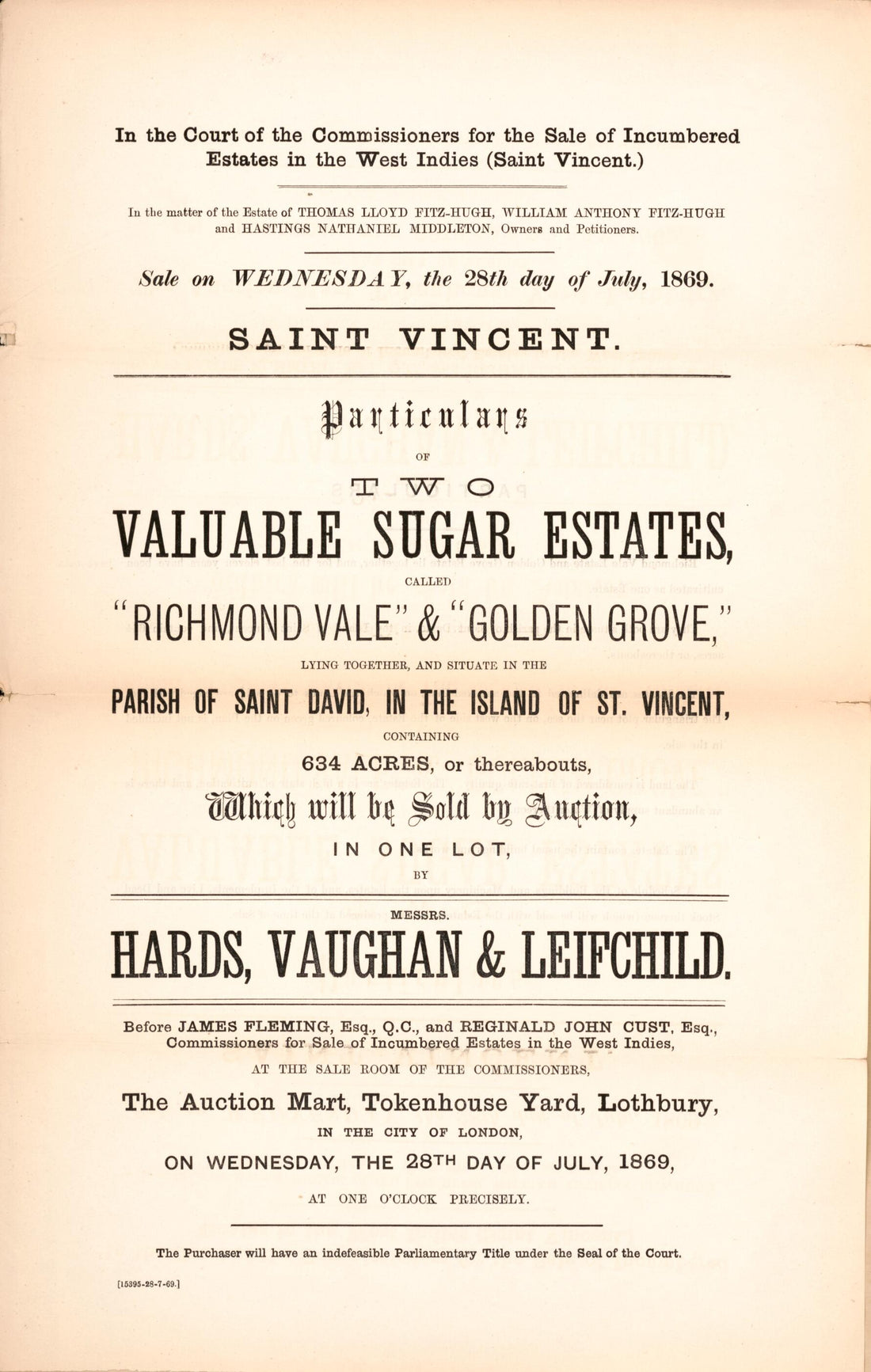 This old map of Saint Vincent, Particulars of Two Valuable Sugar Estates : Called Richmond Vale &amp; Golden Grove, Lying Together, and Situate In the Parish of Saint David, In the Island of St. Vincent, Containing 634 Acres, Or Thereabouts : Which Will Be S