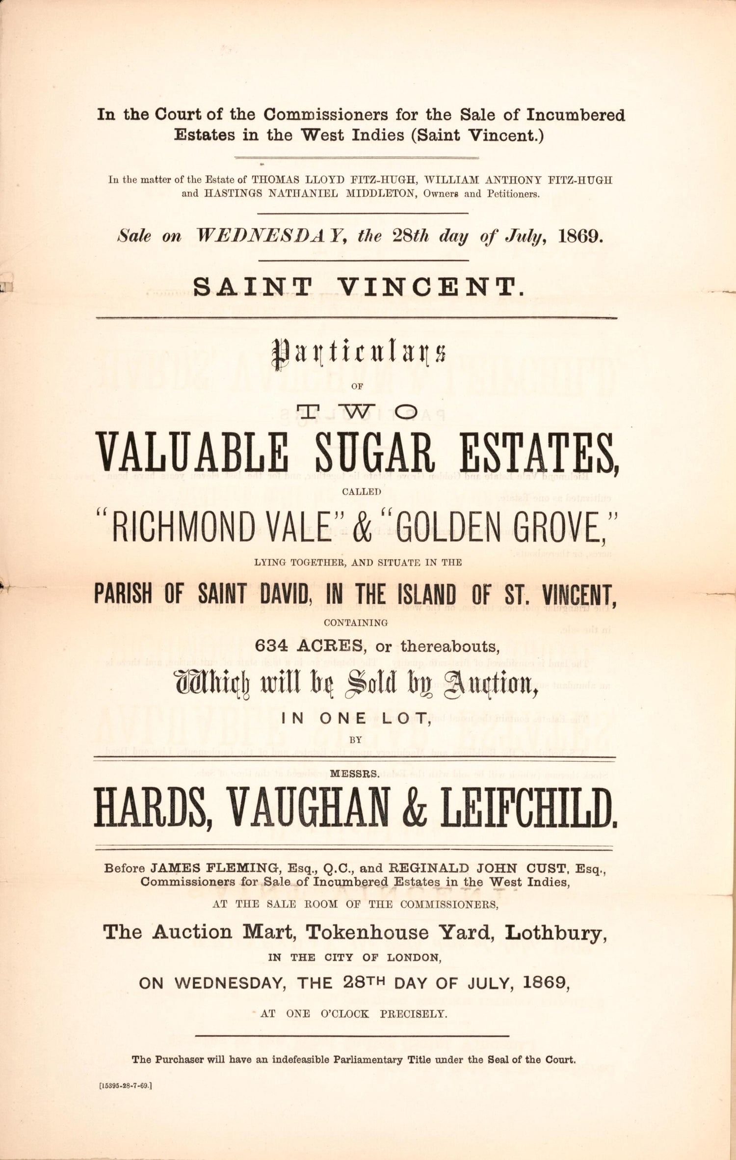 This old map of Saint Vincent, Particulars of Two Valuable Sugar Estates : Called Richmond Vale &amp; Golden Grove, Lying Together, and Situate In the Parish of Saint David, In the Island of St. Vincent, Containing 634 Acres, Or Thereabouts : Which Will Be S