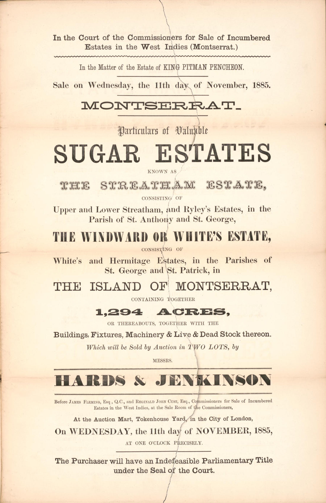 This old map of Montserrat, Particulars of Valuable Sugar Estates : Known As the Streatham Estate Consisting of Upper and Lower Streatham, and Ryley&