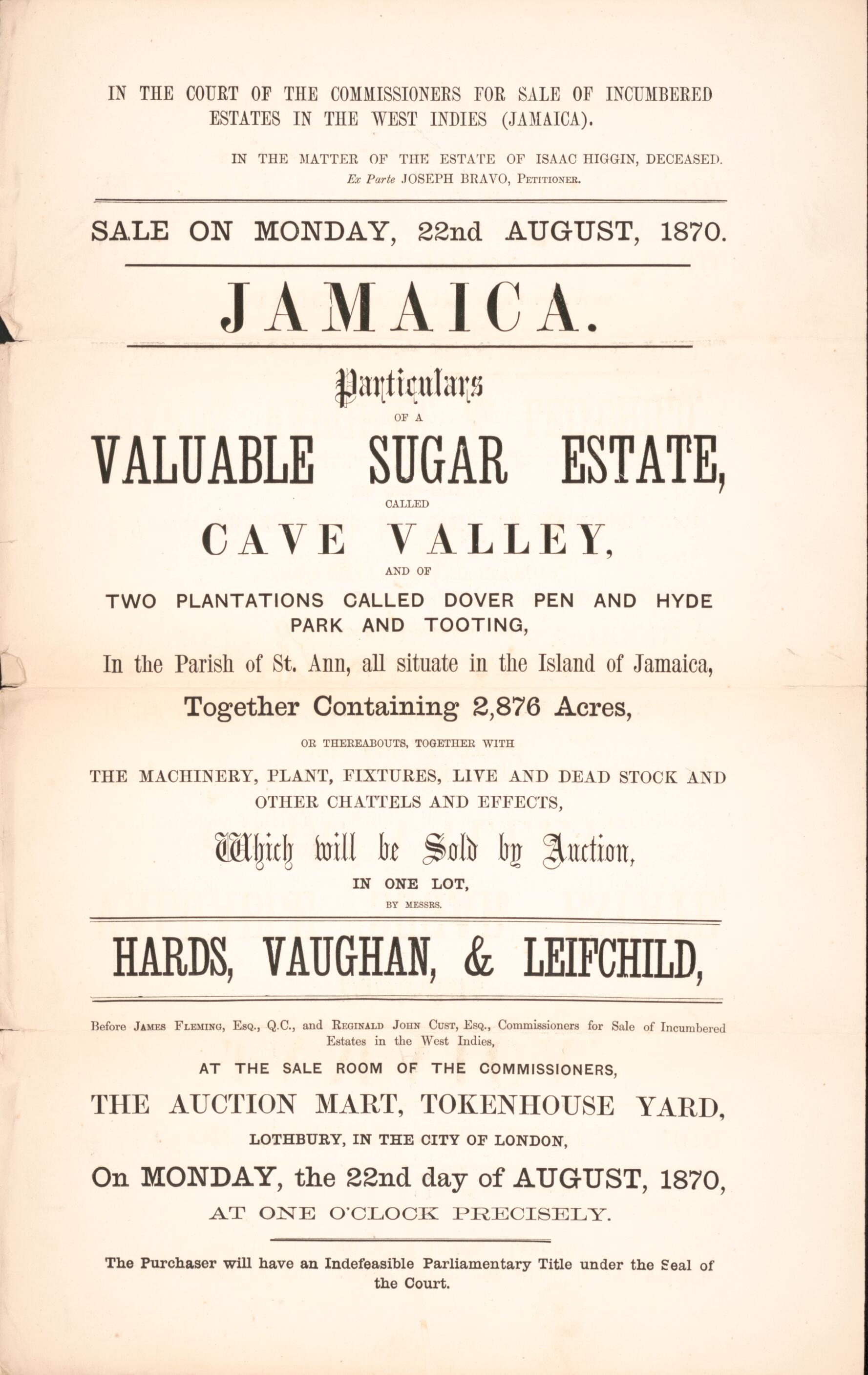 This old map of Jamaica, Particulars of a Valuable Sugar Estate : Called Cave Valley, and of Two Plantations Called Dover Pen and Hyde Park and Tooting, In the Parish of St. Ann, All Situate In the Island of Jamaica, Together Containing 2,876 Acres, Or T