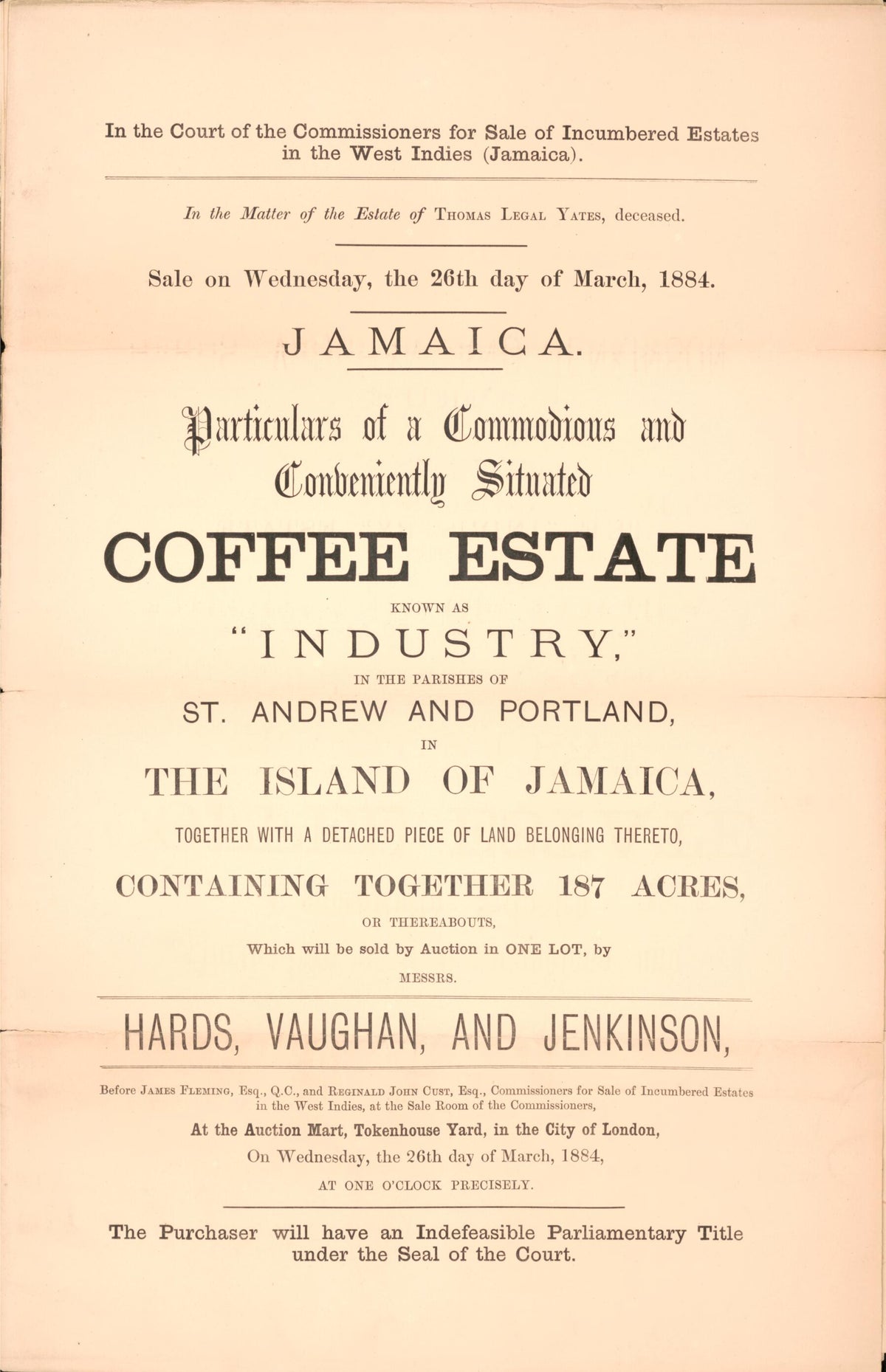 Jamaica, Particulars of a Commodions and Conveniently Situated Coffee Estate : Know As Industry, In the Parishes of St. Andrew and Portland, In the Island of Jamaica, Together With a Detached Piece of Land Belonging Thereto, Containing Together 187 Ac... by Relic Map Company