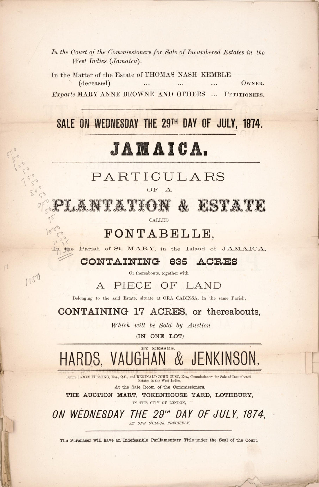 This old map of Jamaica, Particulars of a Plantation &amp; Estate : Called Fontabelle, In the Parish of St. Mary, In the Island of Jamaica, Containing 635 Acres Or Thereabouts, Together With a Piece of Land Belonging to the Said Estate, Situate at Ora Cabess