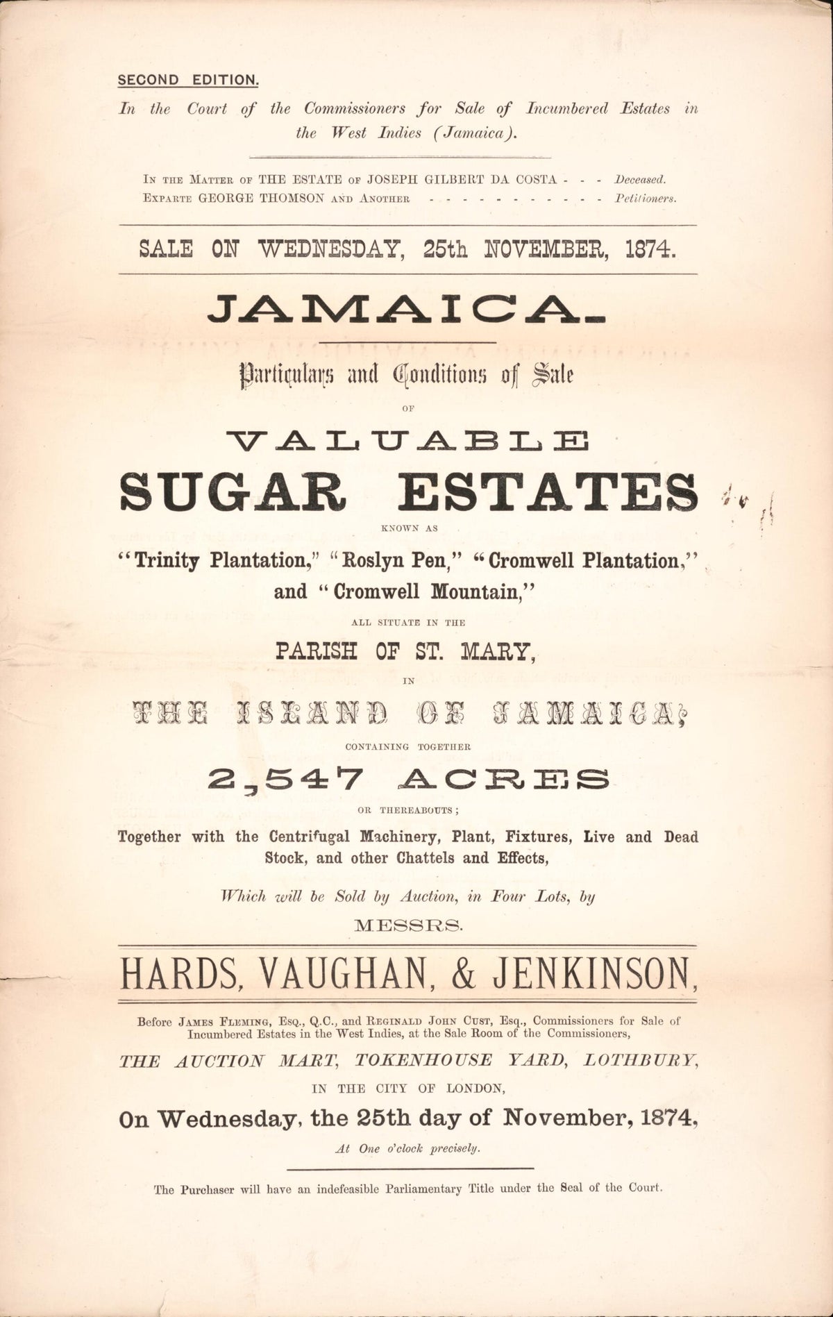 Jamaica, Particulars and Conditions of Sale of Valuable Sugar Estate : Known As Trinity Plantation, Roslyn Pen, Cromwell Plantation, and Cromwell Mountain, All Sutuate In the Parish of St. Mary, In the Island of Jamaica, Containing Together 2,547 Acre... by Relic Map Company