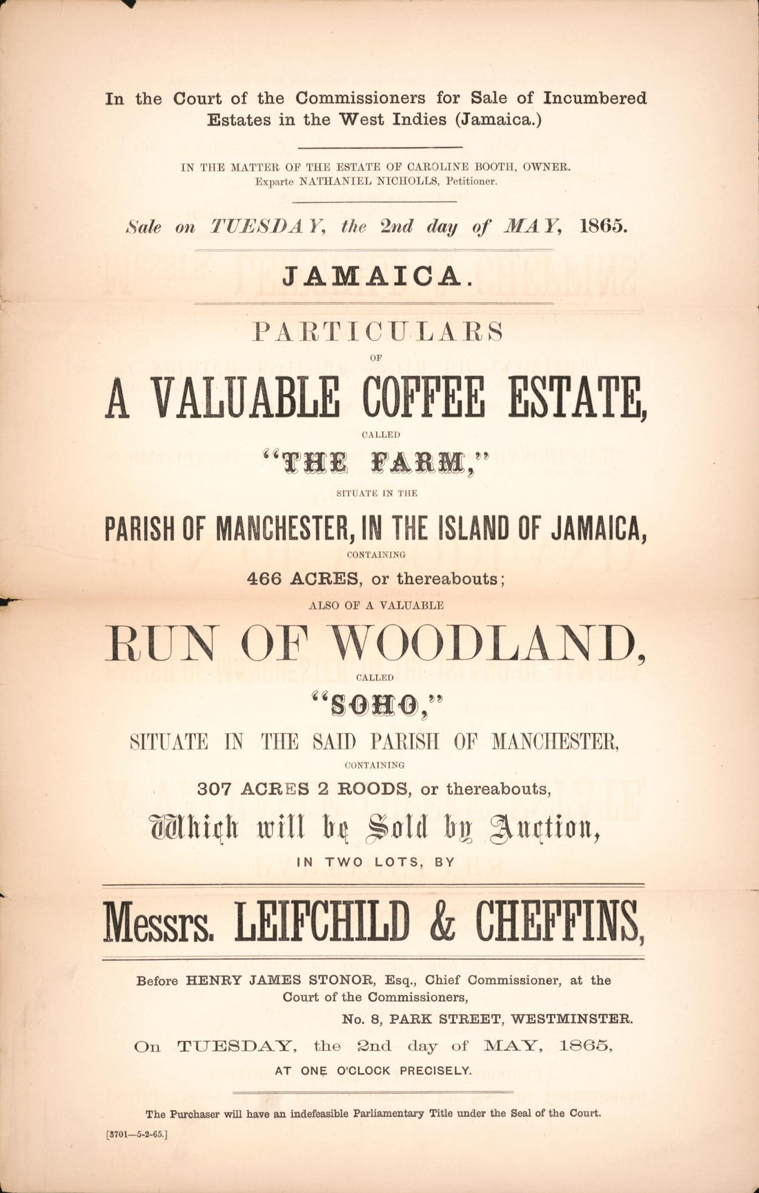 This old map of Jamaica, Particulars of a Valuable Coffee Estate : Called the Farm, Situate In the Parish of Manchester, In the Island of Jamaica, Containing 466 Acres, Or Thereabouts, Also of a Valuable Run of Woodland Called Soho, Situate In the Said P