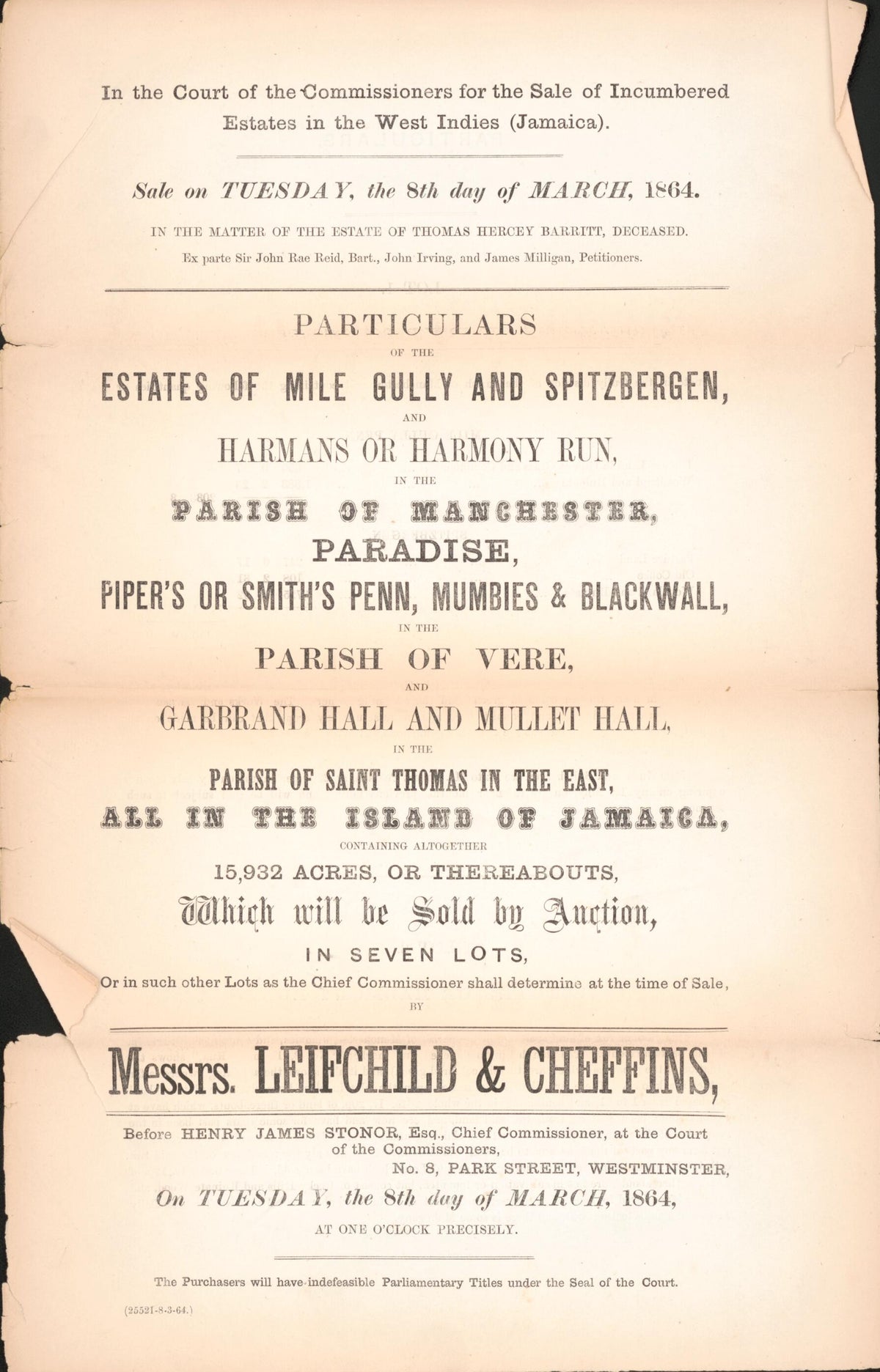 Particulars of the Estates of Mile Gully and Spitzbergen, and Harmans Or Harmony Run, In the Parish of Manchester : Paradise, Piper&
