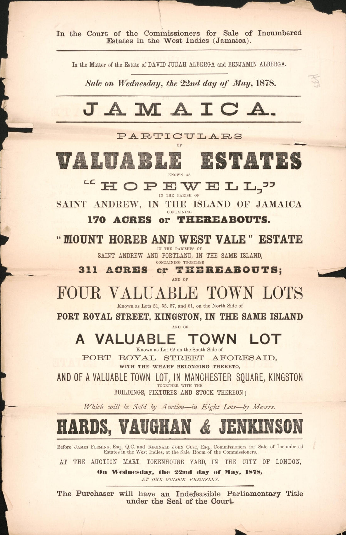 This old map of Jamaica, Particulars of Valuable Estates : Known As Hopewell, In the Parish of Saint Andrew, In the Island of Jamaica Containing 170 Acres Or Thereabouts : Mount Horeb and West Vale Estate In the Parishes of Saint Andrew and Portland, In 