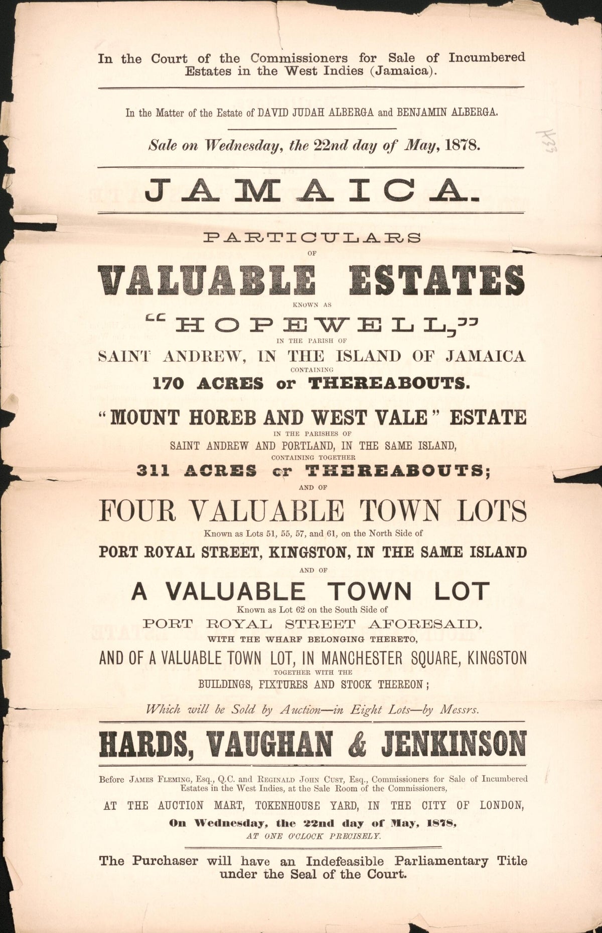 Jamaica, Particulars of Valuable Estates : Known As Hopewell, In the Parish of Saint Andrew, In the Island of Jamaica Containing 170 Acres Or Thereabouts : Mount Horeb and West Vale Estate In the Parishes of Saint Andrew and Portland, In the Same Isla... by Relic Map Company