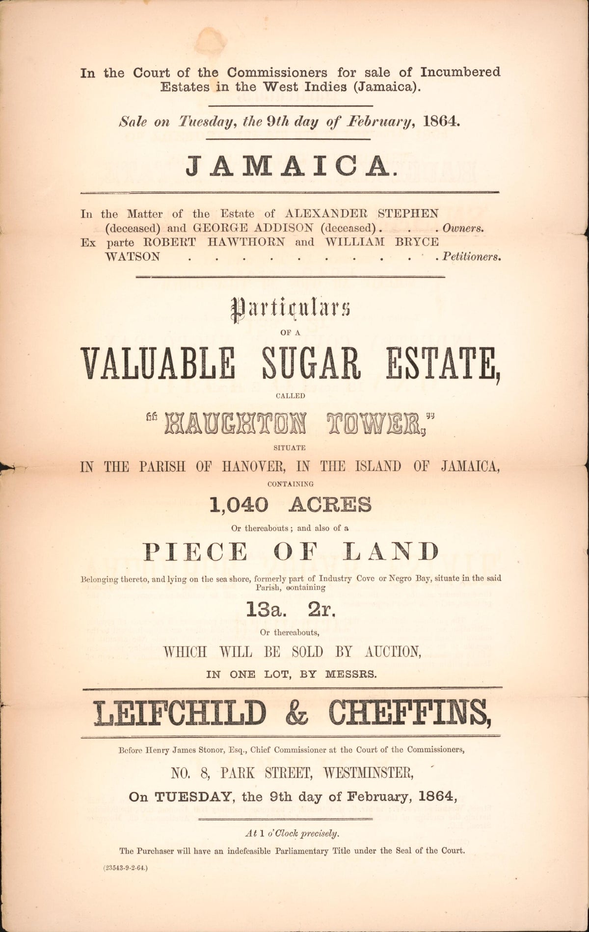Jamaica, Particulars of a Valuable Sugar Estate : Called Haughton Tower, Situate In the Parish of Hanover, In the Island of Jamaica, Containing 1,040 Acres Or Thereabouts : and Also of a Piece of Land Belonging Thereto, and Lying On the Sea Shore, For... by Relic Map Company