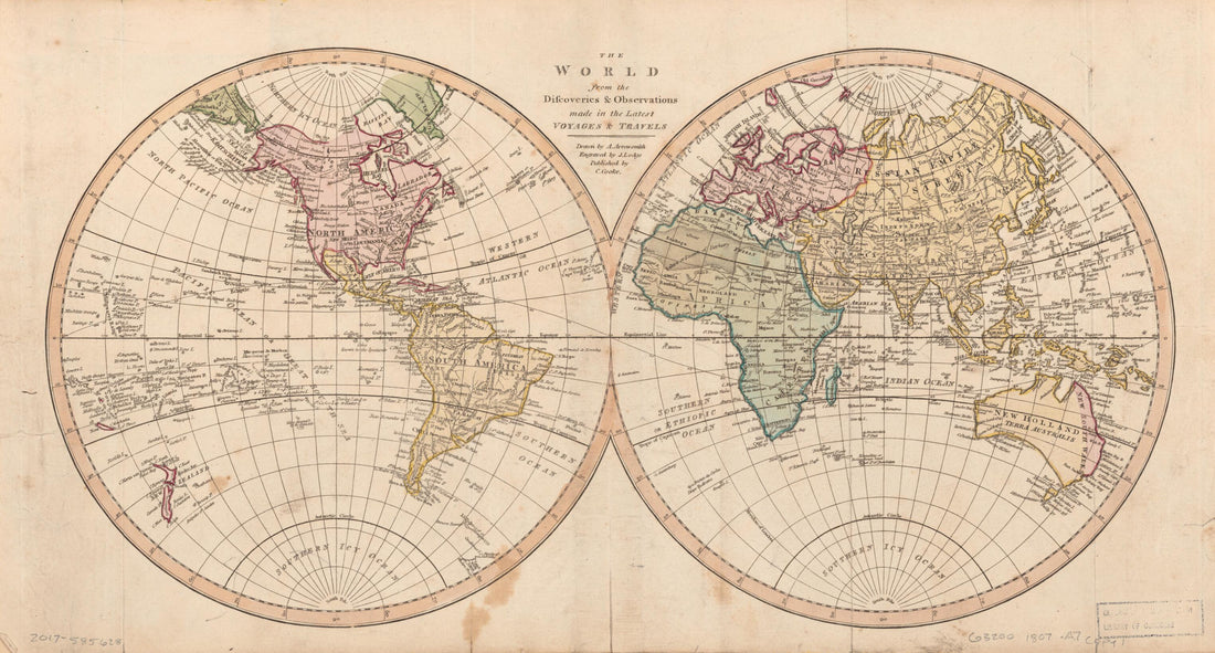 This old map of The World from the Discoveries &amp; Observations Made In the Latest Voyages &amp; Travels from 1807 was created by Aaron Arrowsmith, Charles Cooke, George Alexander Cooke in 1807