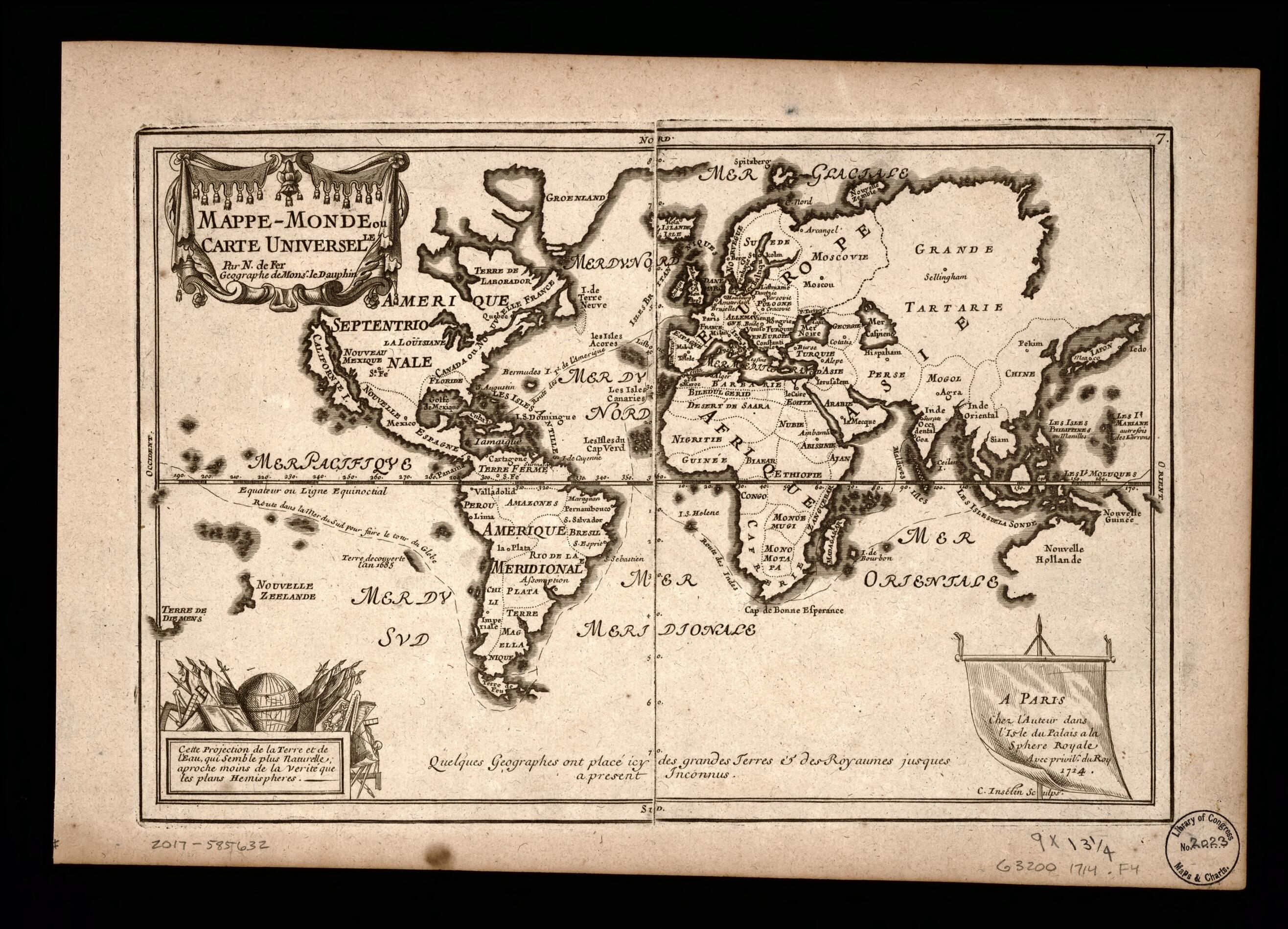 This old map of Monde, Ou Carte Universelle from 1714 was created by Nicolas De Fer, C. Inselin in 1714