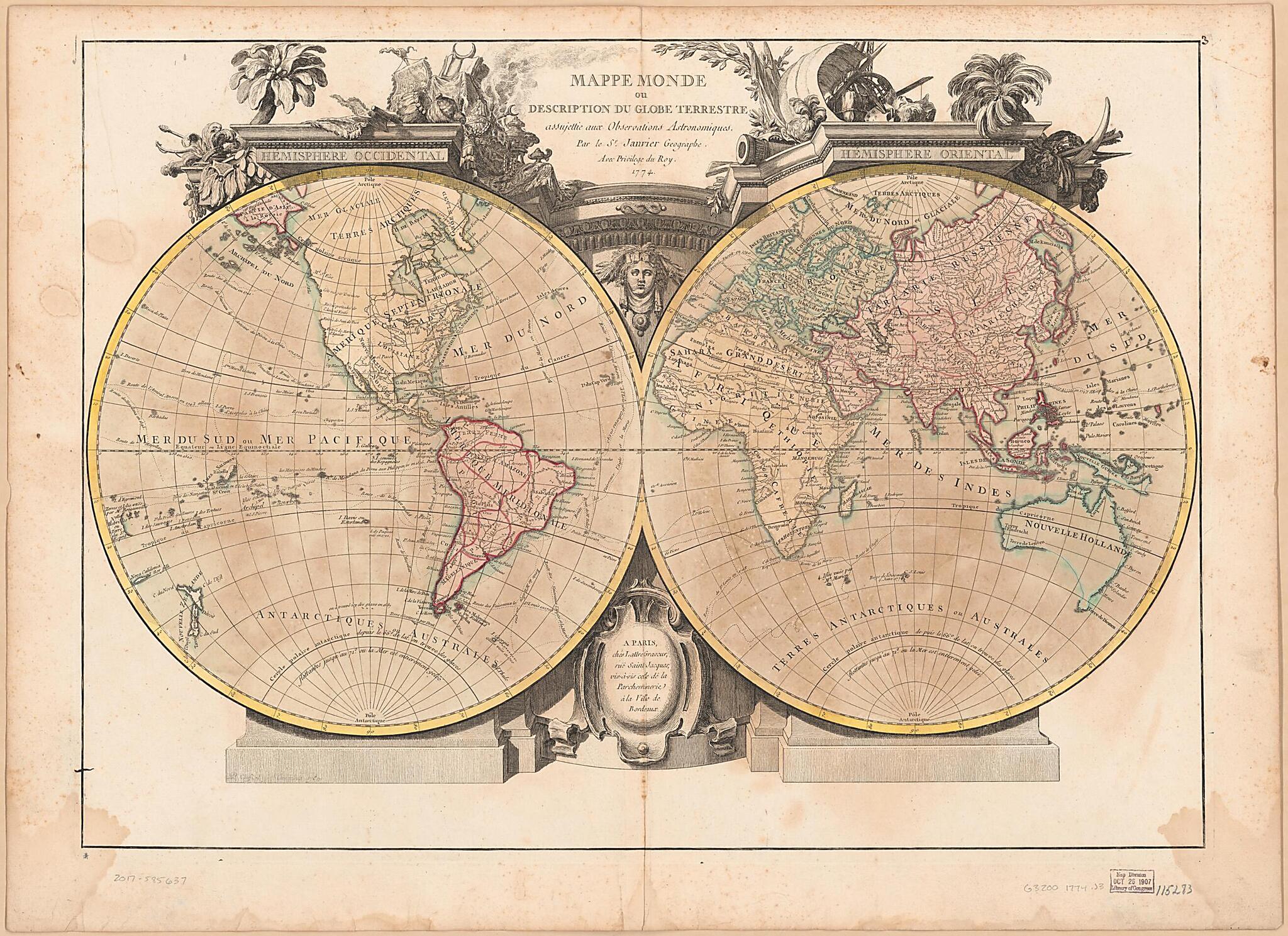 This old map of Mappe Monde, Ou Description Du Globe Terrestre : Assujettie Aux Observations Astronomiques from 1774 was created by Jean Denis Janvier in 1774