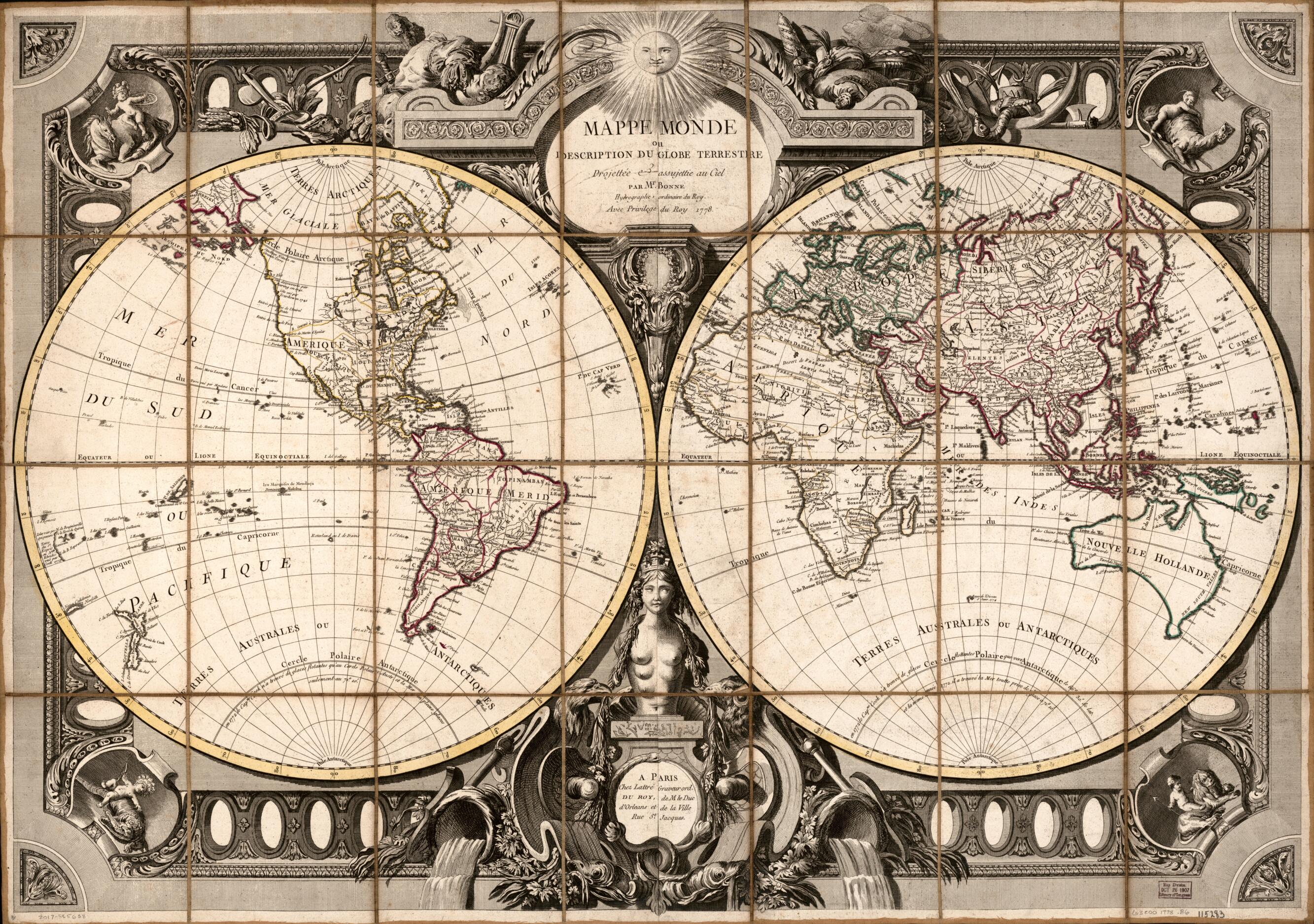 This old map of Mappe Monde, Ou Description Du Globe Terrestre : Drojettée E Assujettie Au Ciel from 1778 was created by Rigobert Bonne in 1778
