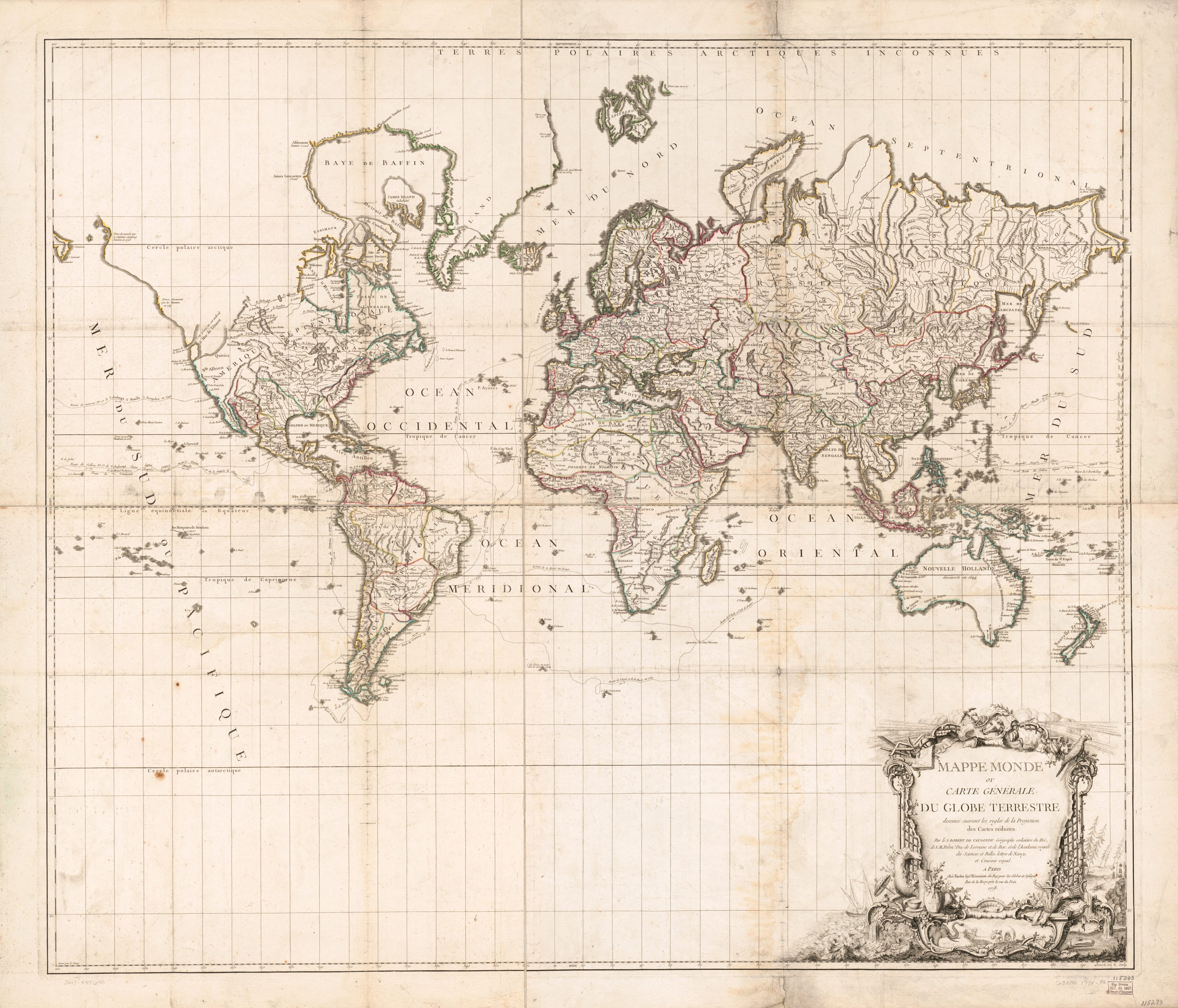 This old map of Mappe Monde, Ou Carte Générale Du Globe Terrestre : Dessineé Suivant Les Regles De La Projection Des Cartes Reduites from 1778 was created by Gilles Robert De Vaugondy in 1778