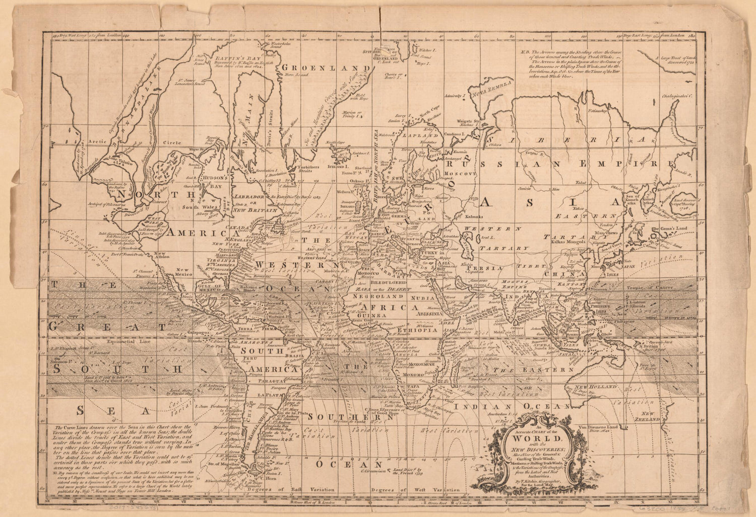 This old map of An Accurate Chart of the World With the New Discoveries : Also a View of the General &amp; Coasting Trade Winds, Monsoons Or Shifting Trade Winds &amp; the Variations of the Compass from the Latest and Best Authorities from 1758 was created by Thomas Kitchin in 1758