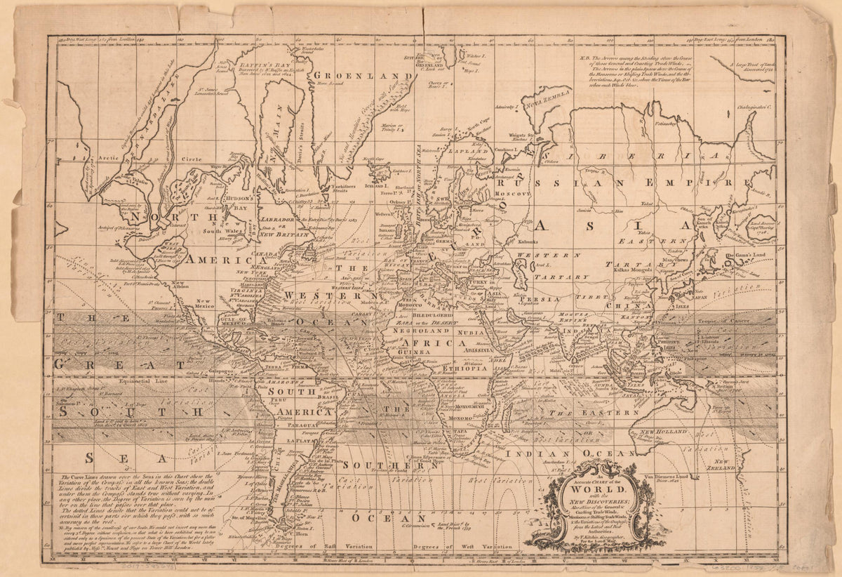 An Accurate Chart of the World With the New Discoveries : Also a View of the General &amp; Coasting Trade Winds, Monsoons Or Shifting Trade Winds &amp; the Variations of the Compass from the Latest and Best Authorities 1758 by Relic Map Company