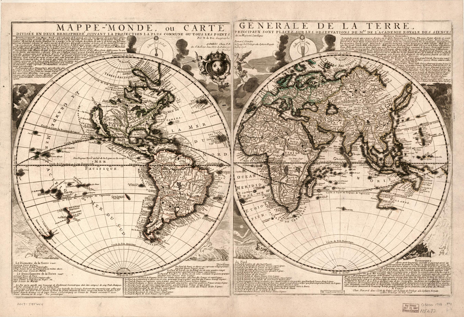 This old map of Monde, Ou Carte Generale De La Terre : Divisée En Deux Hemispheres Suivant La Projection La Plus Commune Ou Tous Les Points Principaux Sont Placez Sur Les Observations De Mrs. De L&