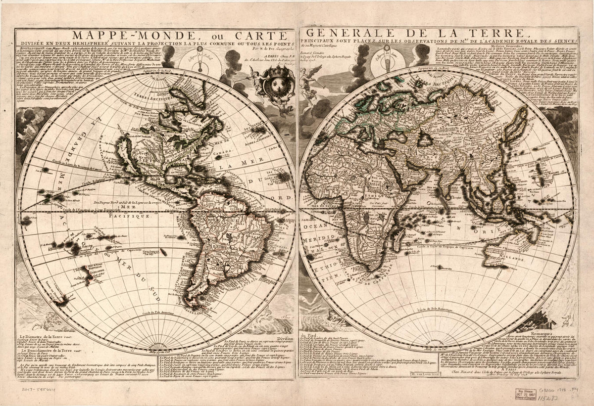 Monde, Ou Carte Generale De La Terre : Divisée En Deux Hemispheres Suivant La Projection La Plus Commune Ou Tous Les Points Principaux Sont Placez Sur Les Observations De Mrs. De L&