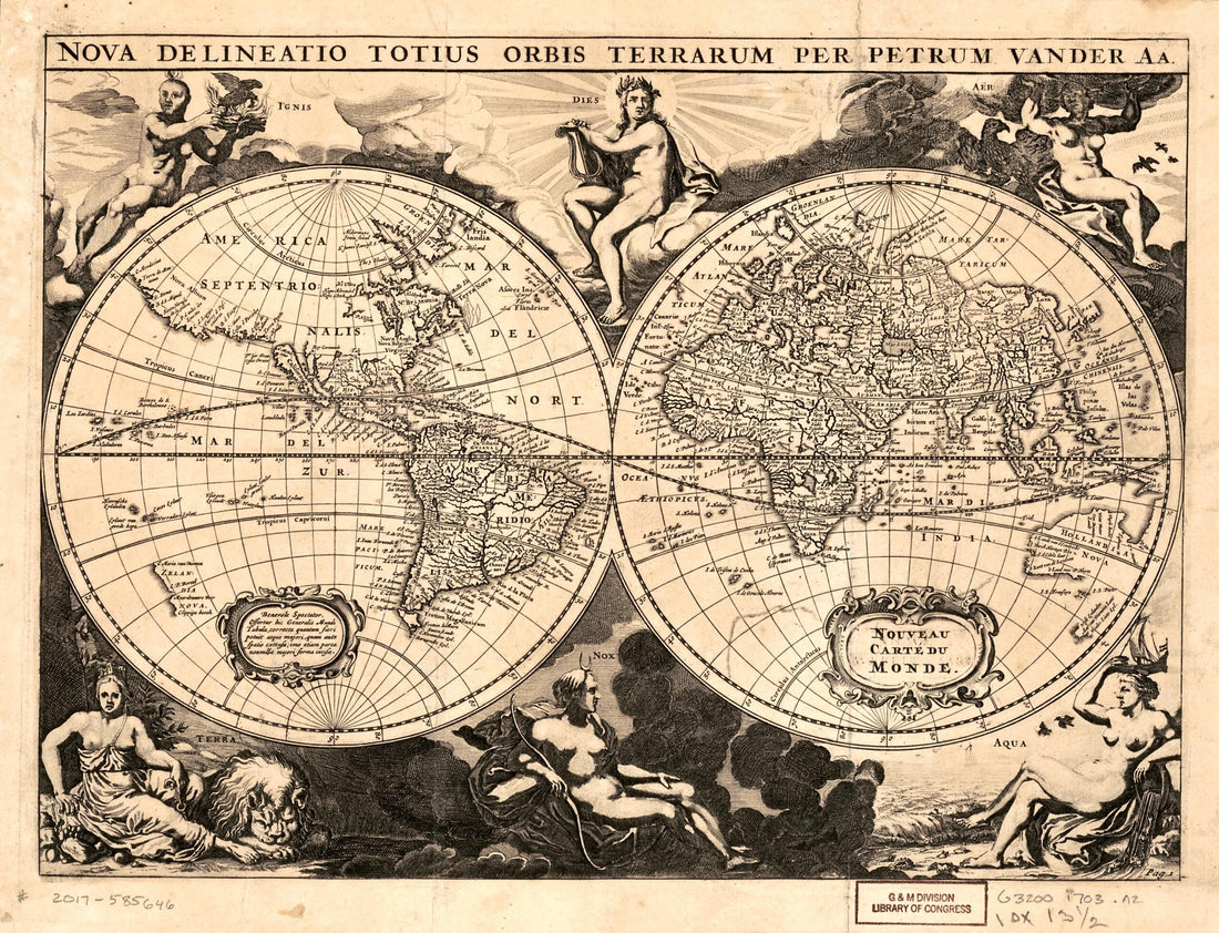 This old map of Nova Delineatio Totius Orbis Terrarum (Nouveau Carte Du Monde) from 1703 was created by Pieter Van Der Aa in 1703