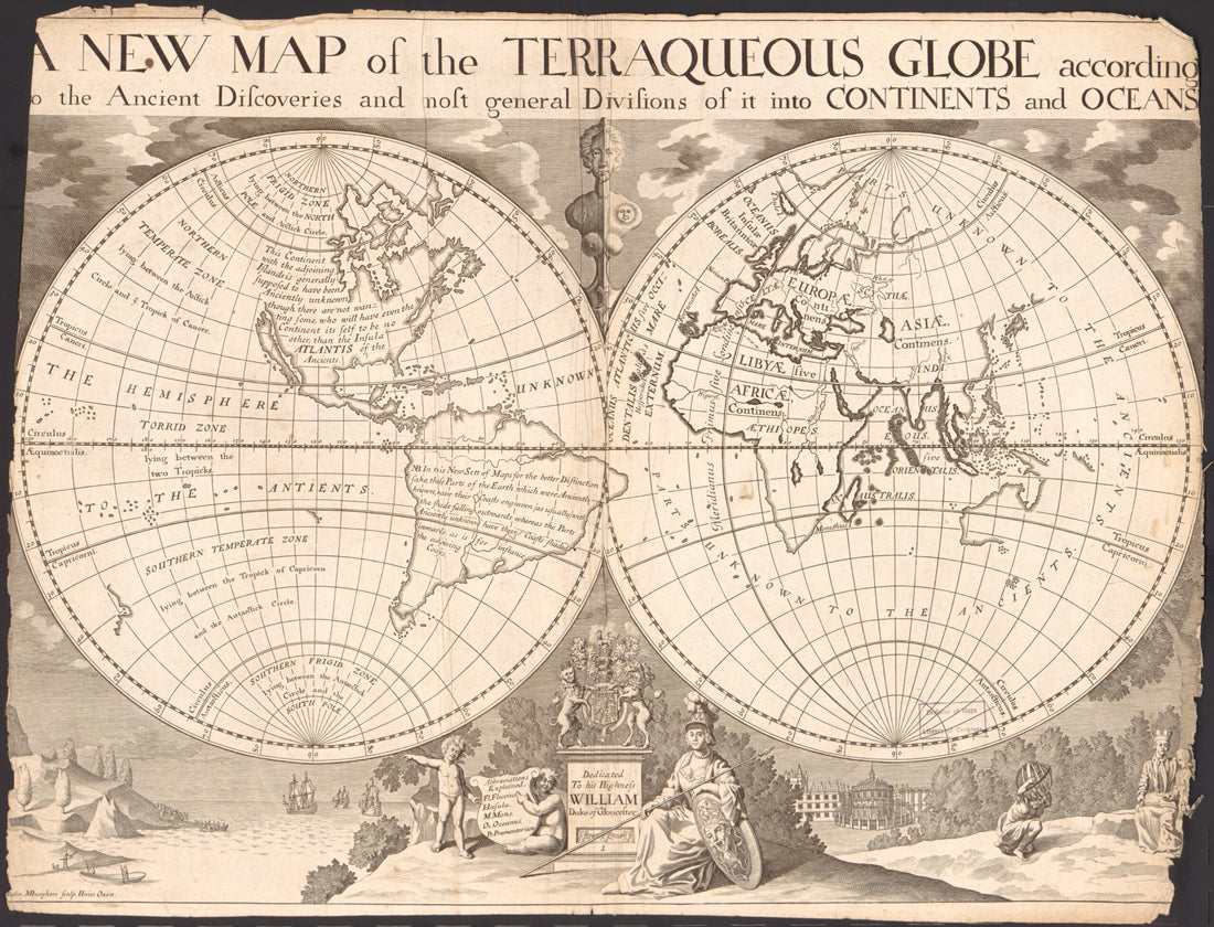 This old map of A New Map of the Terraqueous Globe According to the Ancient Discoveries and Most General Divisions of It Into Continents and Oceans from 1718 was created by Michael Burghers, Edward Wells in 1718