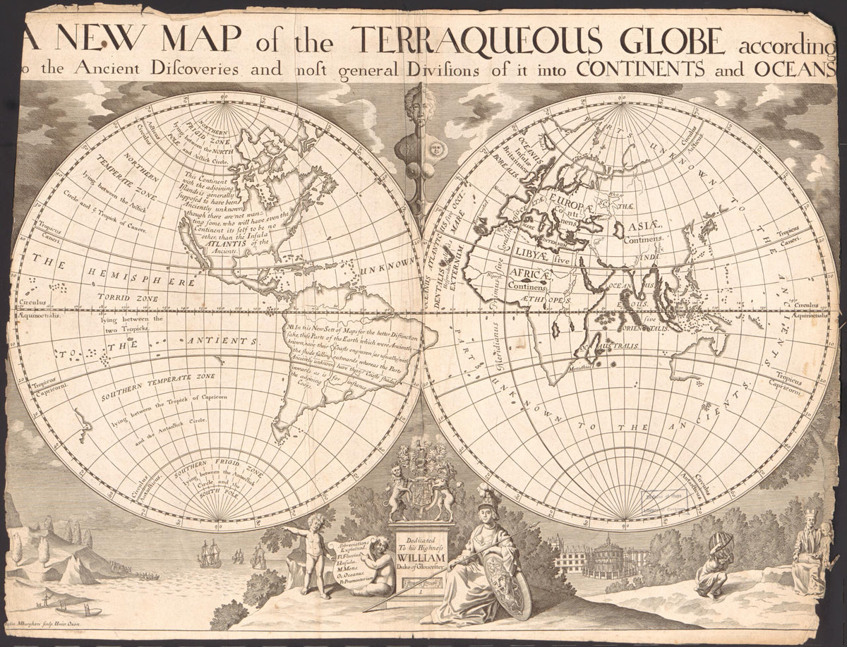 A New Map of the Terraqueous Globe According to the Ancient Discoveries and Most General Divisions of It Into Continents and Oceans 1718 by Relic Map Company