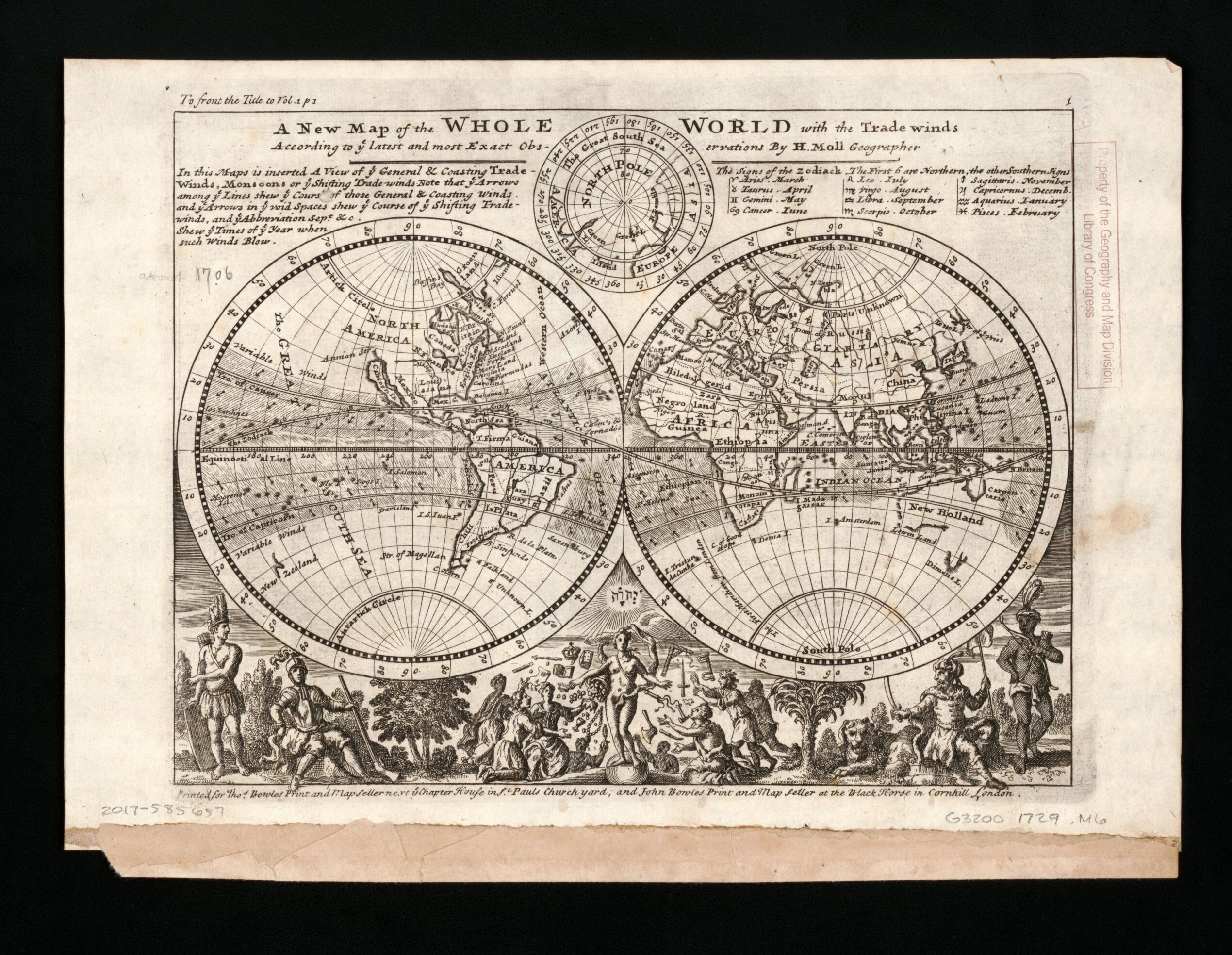 This old map of A New Map of the Whole World With the Trade Winds According to Ye Latest and Most Exact Observations from 1729 was created by Herman Moll in 1729