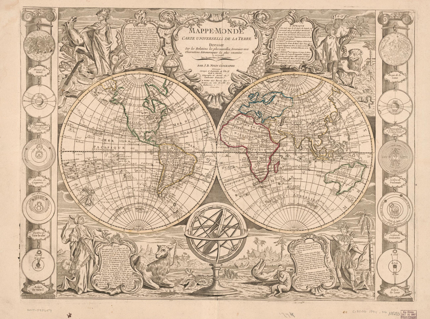 This old map of Monde, Carte Universelle De La Terre : Dressee Sur Les Relations Les Plus Nouvelles Soumises Aux Observations Astronomiques Les Plus Recentes Ou Sont Marqueés Les Nouvelles Découvertes from 1794 was created by Jean Baptiste Nolin in 179