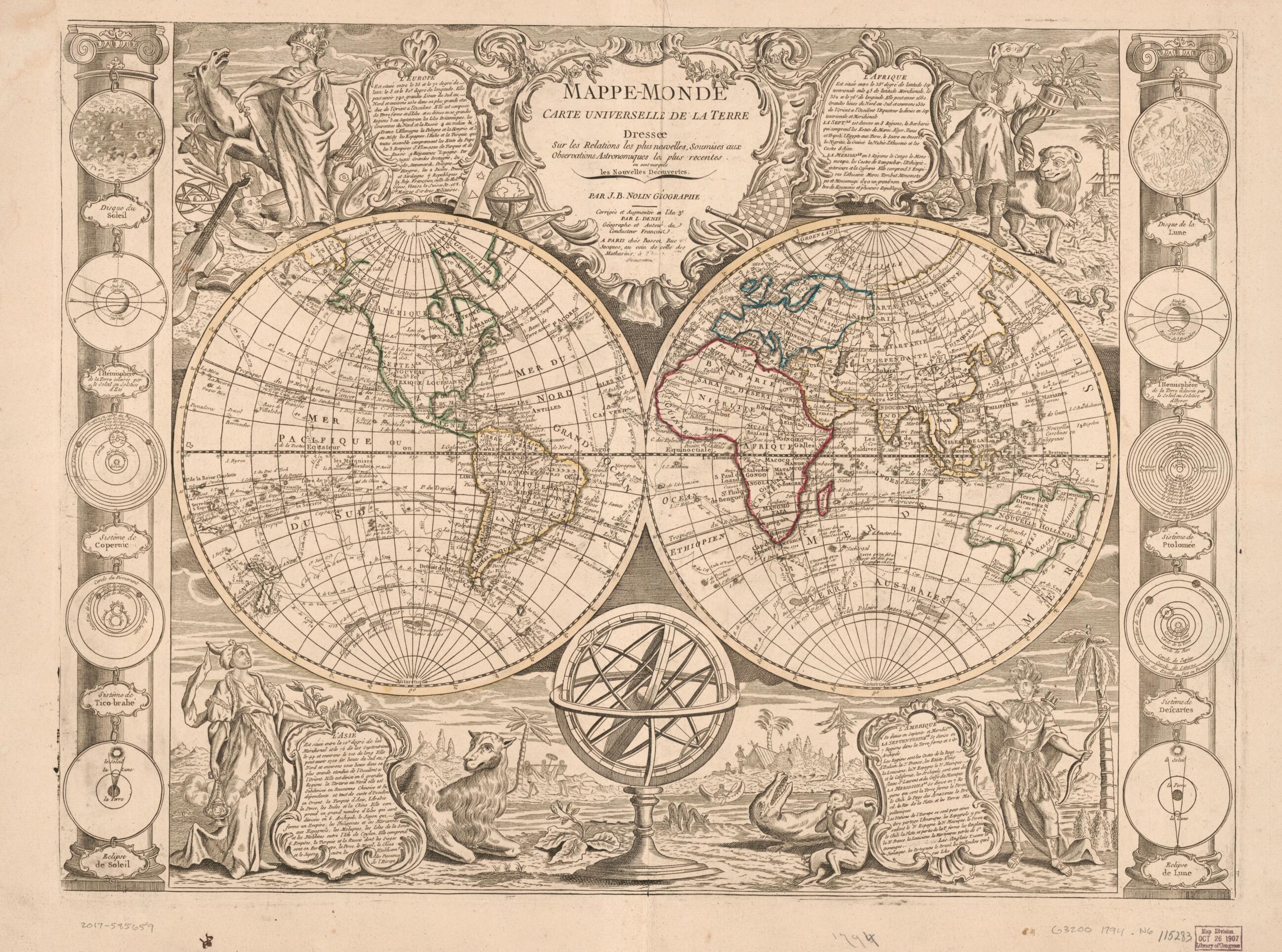 This old map of Monde, Carte Universelle De La Terre : Dressee Sur Les Relations Les Plus Nouvelles Soumises Aux Observations Astronomiques Les Plus Recentes Ou Sont Marqueés Les Nouvelles Découvertes from 1794 was created by Jean Baptiste Nolin in 179