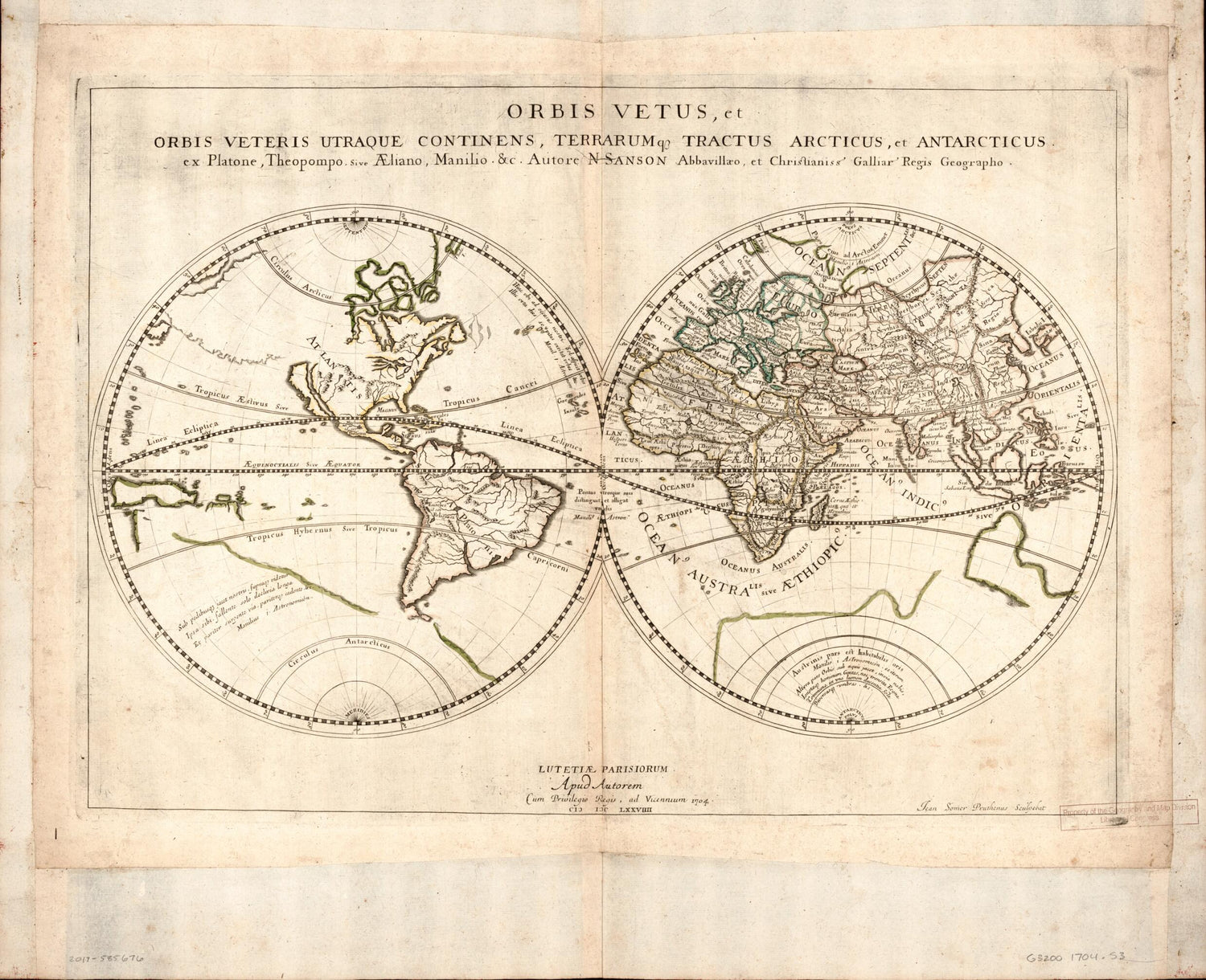 This old map of Orbis Vetus Et Orbis Veteris Utraque Continens, Terrarumque Tractus Arcticus Et Antarticus Ex Platone, Theopompo Sive Aeliano, Manilio &amp;tc from 1704 was created by Nicolas Sanson, J. Somer in 1704