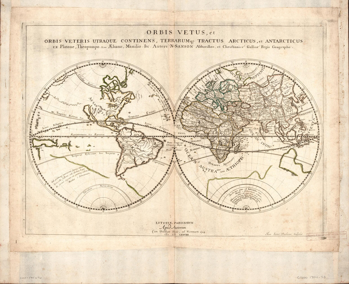 Orbis Vetus Et Orbis Veteris Utraque Continens, Terrarumque Tractus Arcticus Et Antarticus Ex Platone, Theopompo Sive Aeliano, Manilio &amp;tc 1704 by Relic Map Company