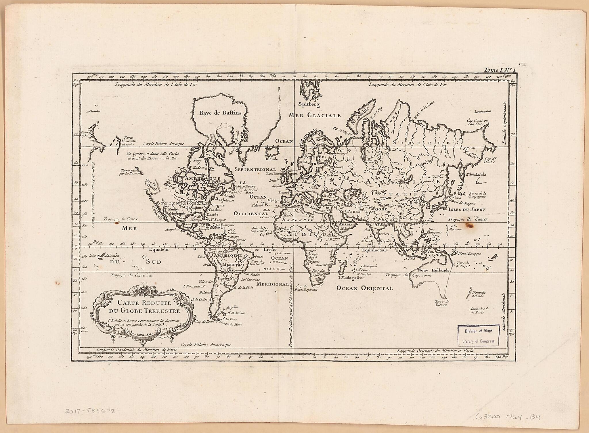 This old map of Carte Reduite Du Globe Terrestre from 1704 was created by Jacques Nicolas Bellin in 1704