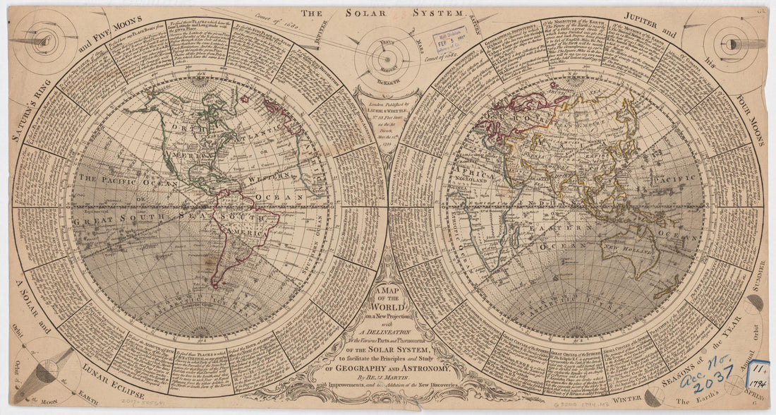 This old map of A Map of the World On a New Projection With a Delineation of the Various Parts and Phenomena of the Solar System to Facilitate the Principles and Study of Geography and Astronomy from 1794 was created by Samuel Dunn, Benjamin Martin in 17