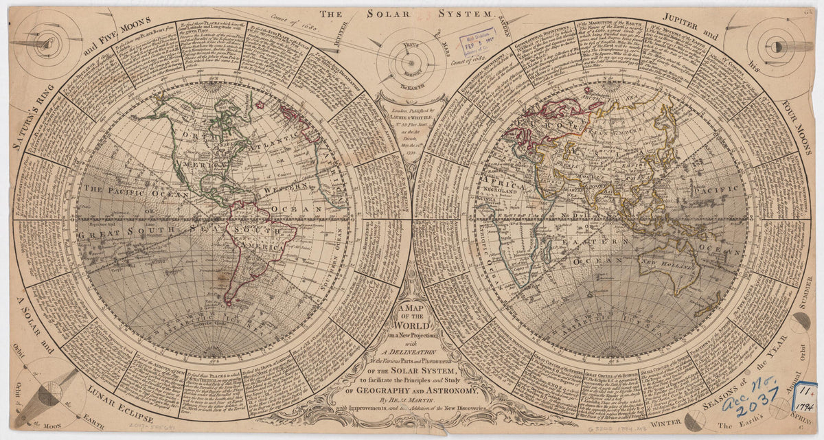 A Map of the World On a New Projection With a Delineation of the Various Parts and Phenomena of the Solar System to Facilitate the Principles and Study of Geography and Astronomy in 1794 by Relic Map Company
