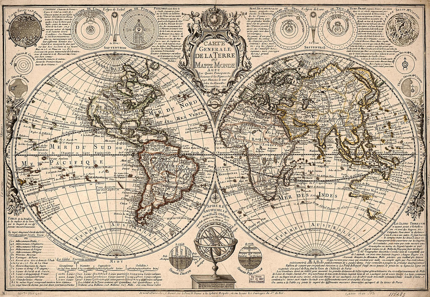 This old map of Carte Generale De La Terre : Ou Mappe Monde Auec Les Quatre Principau &amp; Sistemes &amp; Les Figures Des Sept Planetes Le Tout Selon Les Nouvelles Obseruations from 1729 was created by Guillaume Danet in 1729