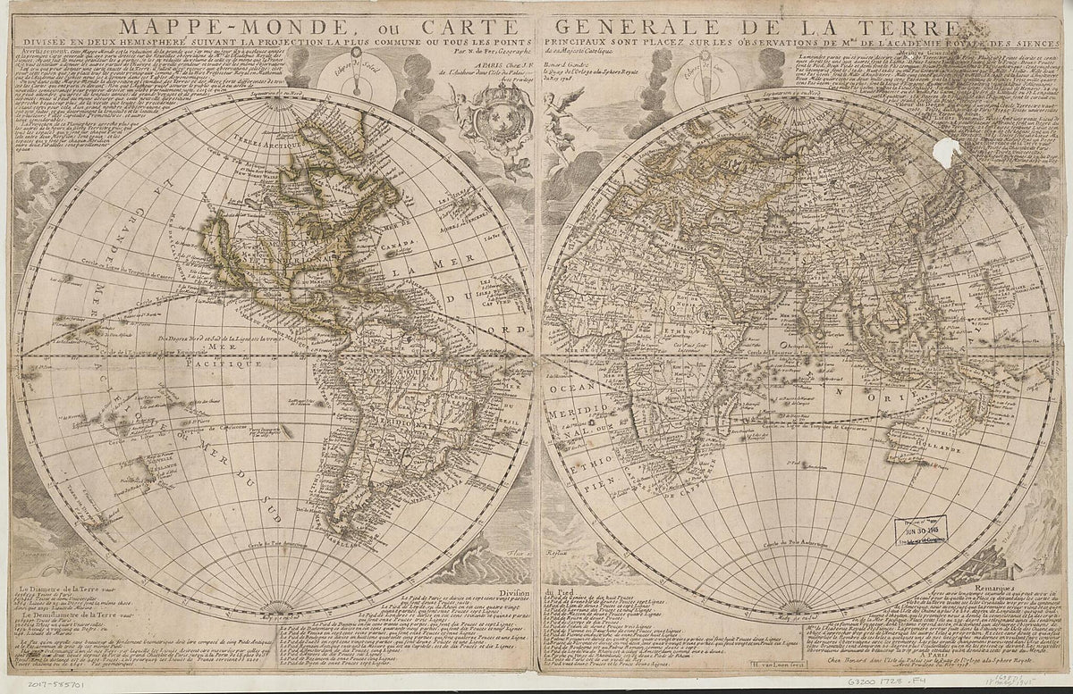 Monde, Ou Carte Generale De La Terre : Divisée En Deux Hemispheres Suivant La Projection La Plus Commune Ou Tous Les Points Principaux Sont Placez Sur Les Observations De Mrs. De L&