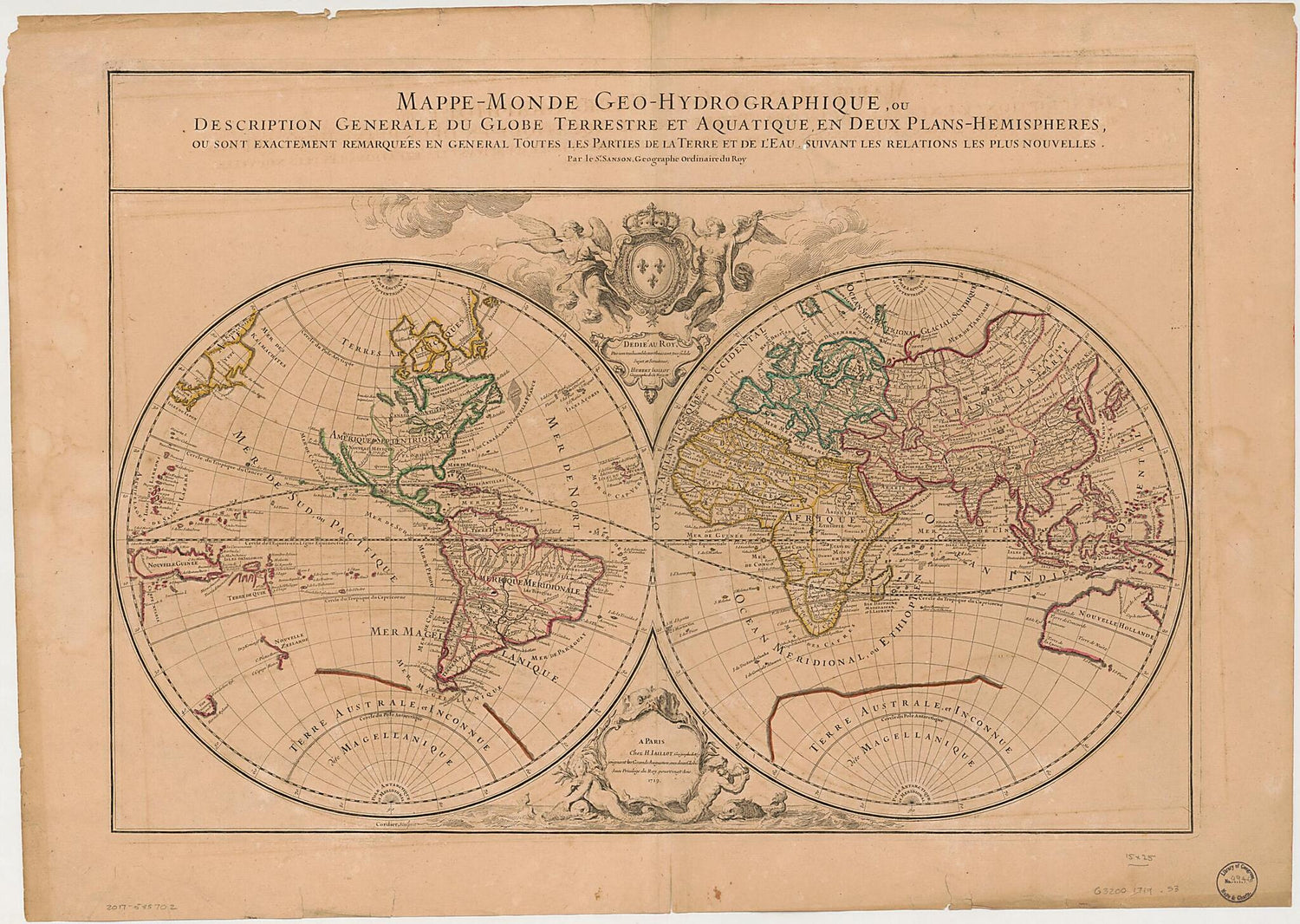 This old map of Monde Geo-hydrographique, Ou Description Generale Du Globe Terrestre Et Aquatique En Deux Plans-hemispheres, Ou Sont Exactement Remarquées En General Toutes Les Parties De La Terre Et De L&