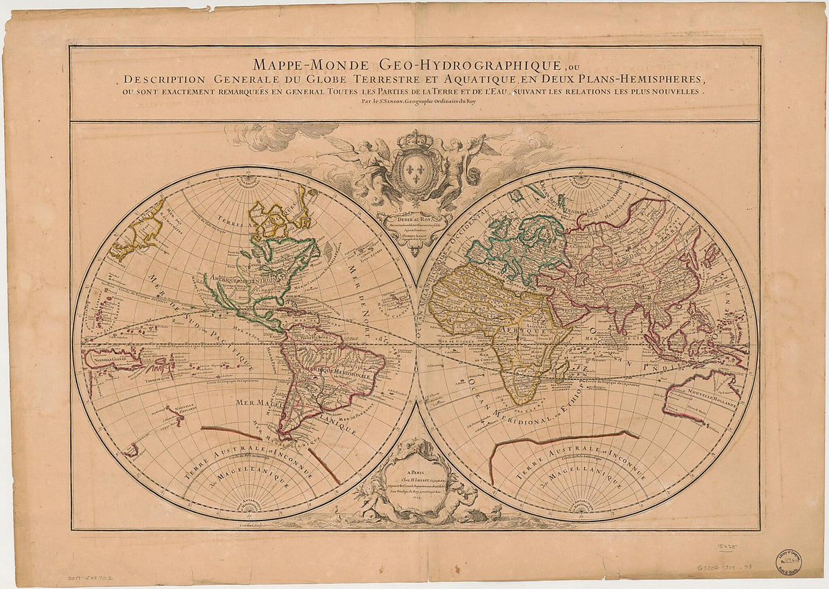 This old map of Monde Geo-hydrographique, Ou Description Generale Du Globe Terrestre Et Aquatique En Deux Plans-hemispheres, Ou Sont Exactement Remarquées En General Toutes Les Parties De La Terre Et De L&