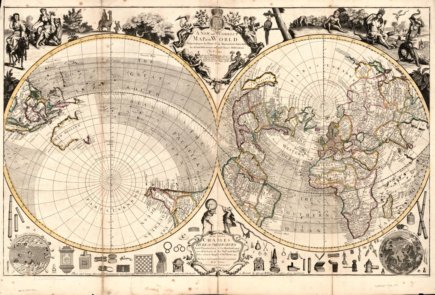 This old map of A New and Correct Map of the World Projected Upon the Plane of the Horizon Laid Down from the Newest Discoveries and Most Exact Observations from 1714 was created by Charles Price in 1714