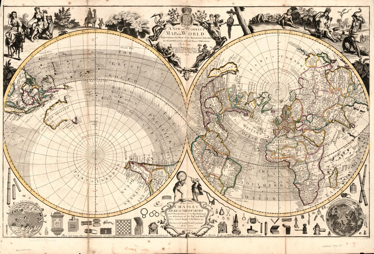A New and Correct Map of the World Projected Upon the Plane of the Horizon Laid Down from the Newest Discoveries and Most Exact Observations 1714 by Relic Map Company