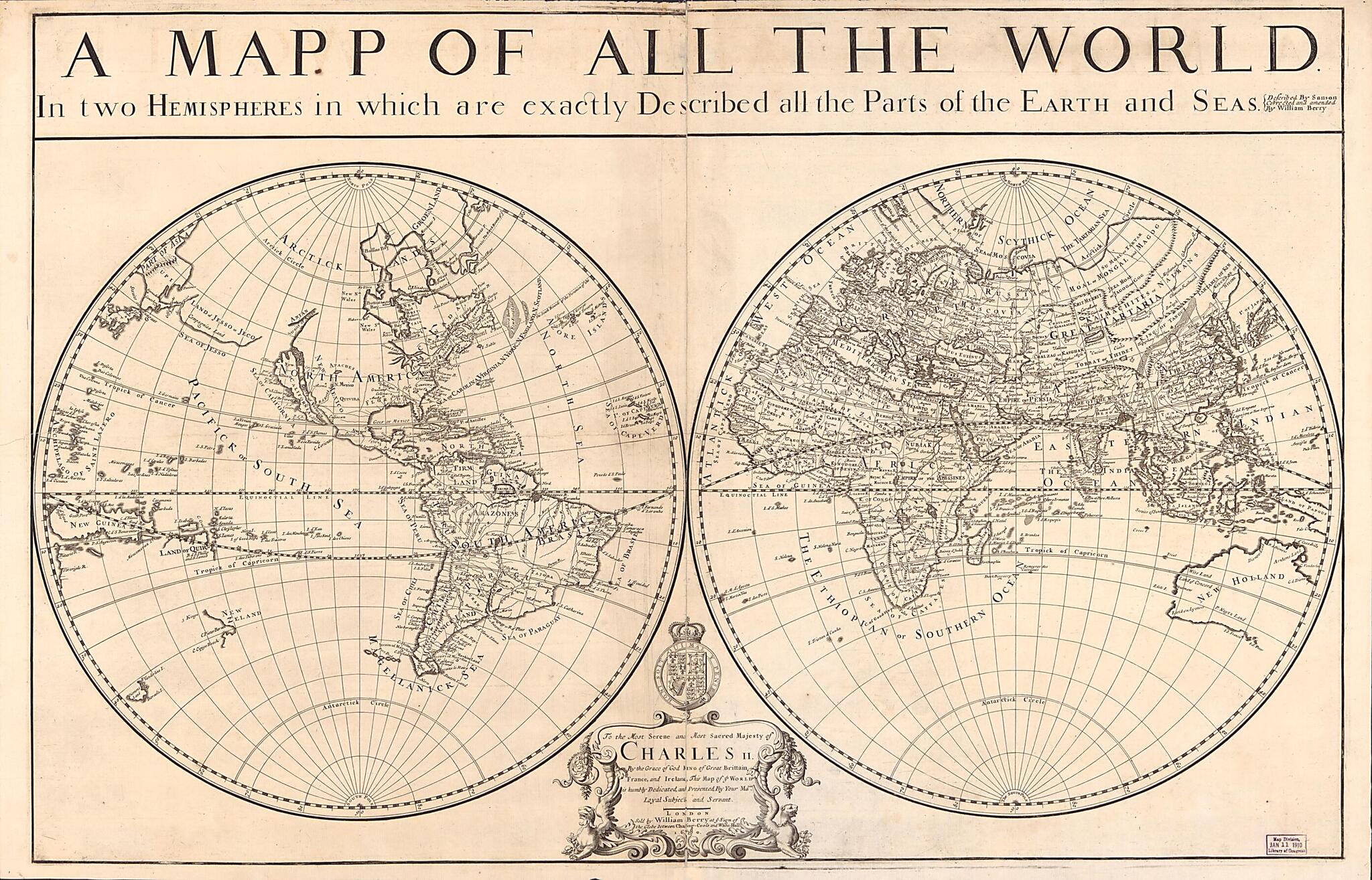 This old map of A Mapp of All the World Projected In Two Hemispheres In Which Are Exactly Described All the Parts of the Earth and Seas from 1680 was created by William Berry, Nicolas Sanson in 1680