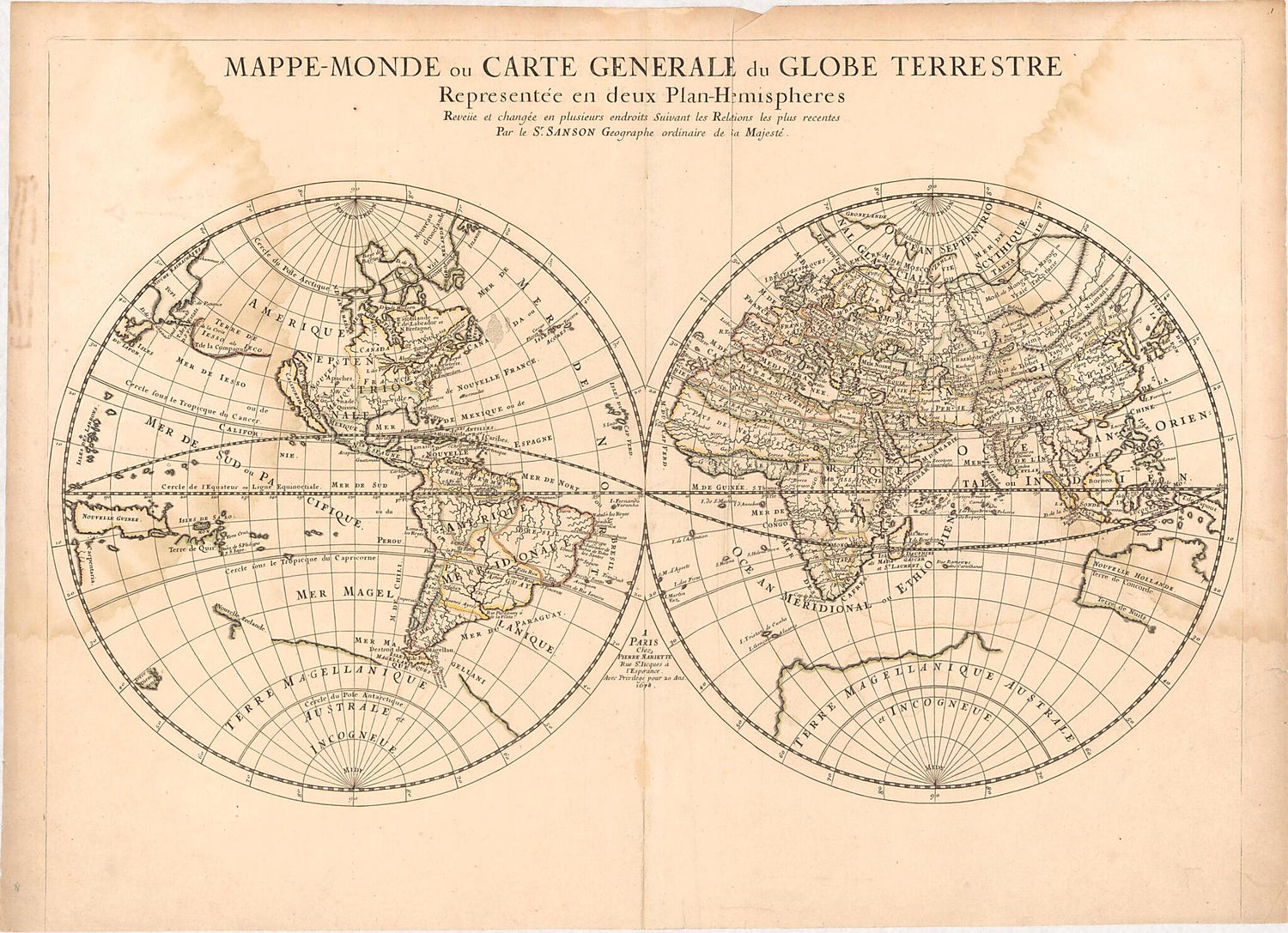 This old map of Monde, Ou Carte Generale Du Globe Terrestre : Representée En Deux Plan-hemispheres : Reveiie Et Changée En Plusieurs Endroits Suivant Les Relations Les Plus Recentes from 1678 was created by Pierre Mariette, Nicolas Sanson in 1678