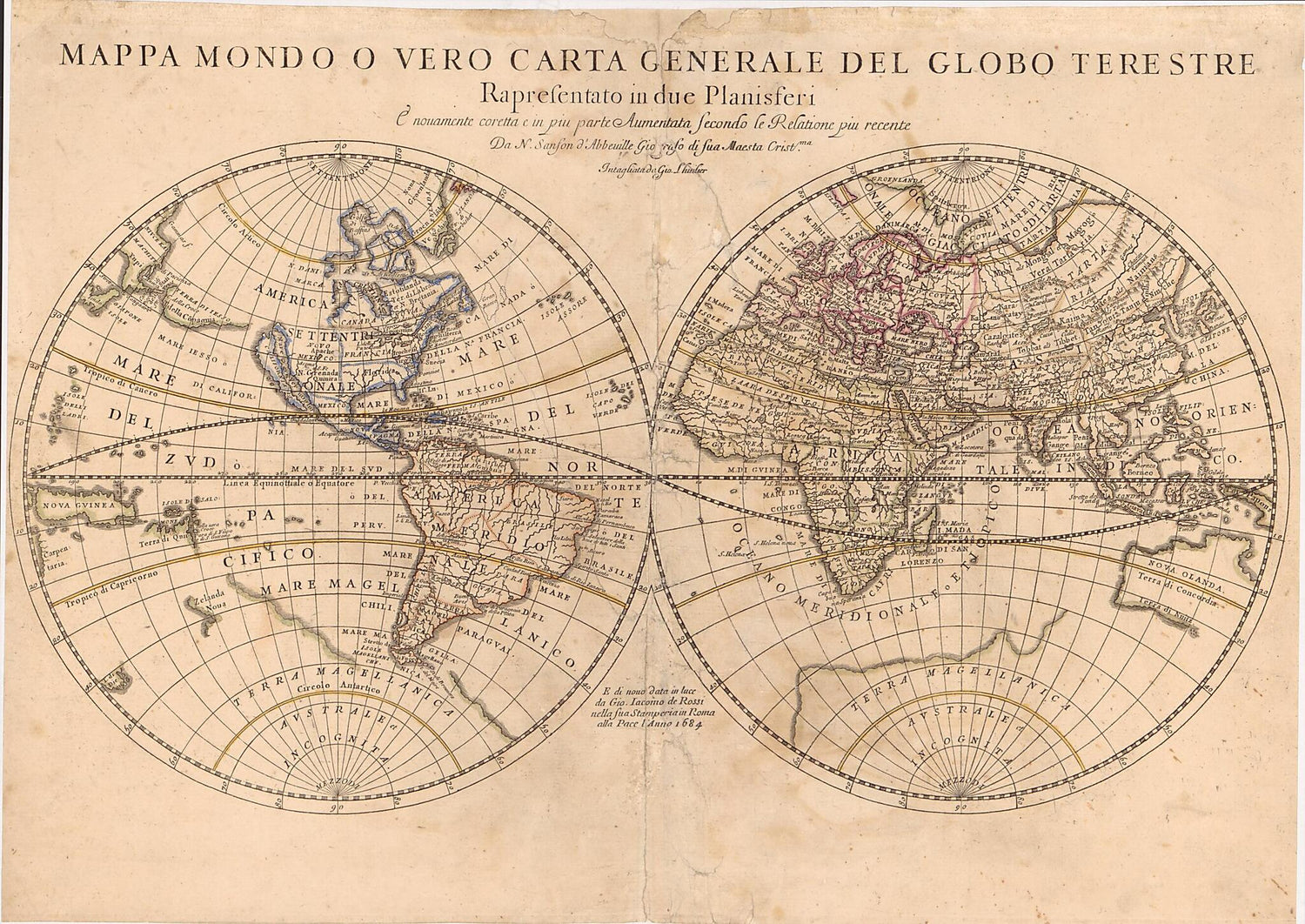 This old map of Mappa Mondo O Vero Carta Generale Del Globo Terestre : Rapresentato In Due Planisferi è Nouamente Coretta E In Piu Parte Aumentata Secondo Le Relatione Piu Recente from 1684 was created by J. Luillier, Nicolas Sanson in 1684