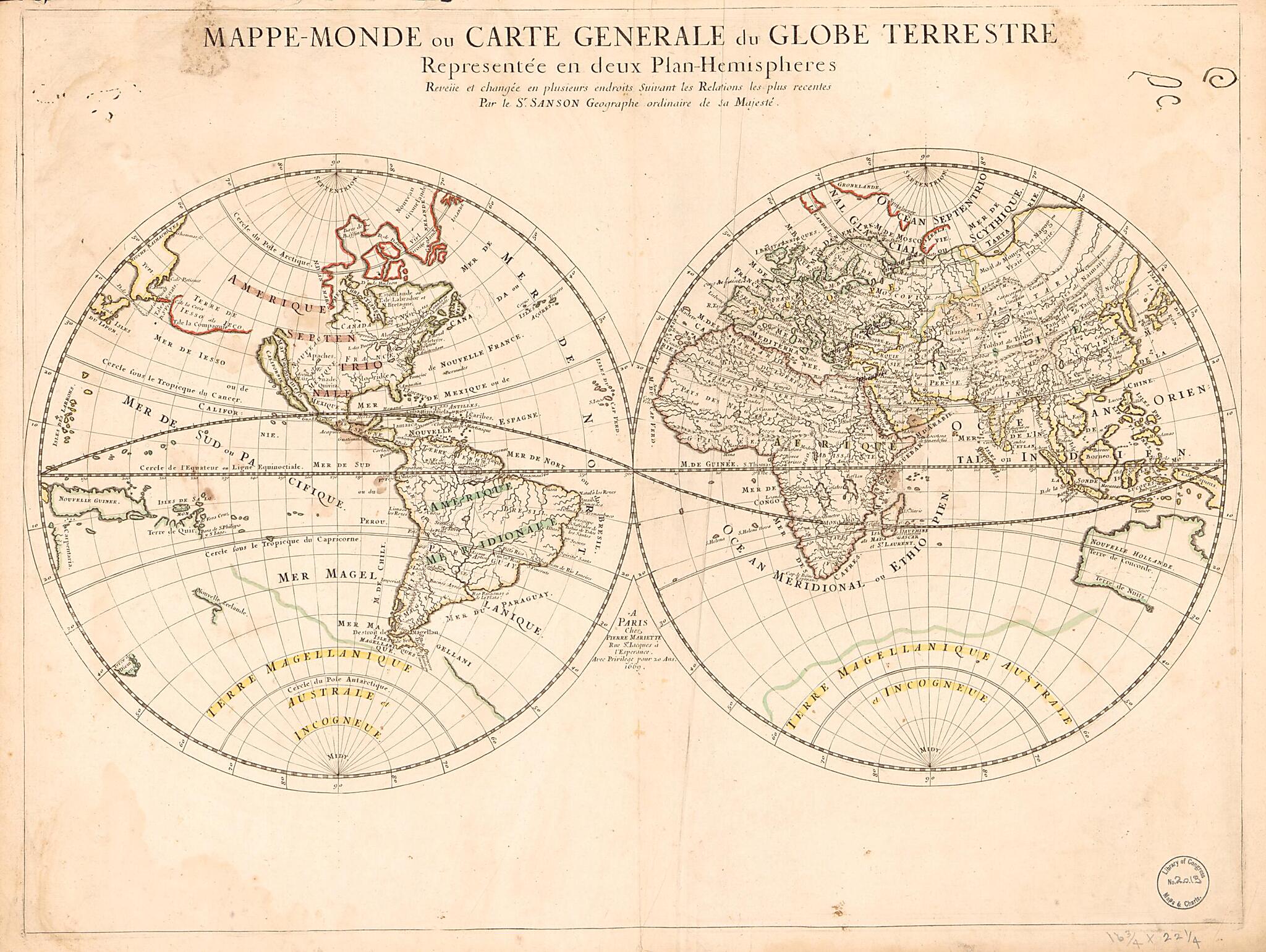 This old map of Monde, Ou Carte Generale Du Globe Terrestre : Representée En Deux Plan-hemispheres : Reveiie Et Changée En Plusieurs Endroits Suivant Les Relations Les Plus Recentes from 1669 was created by Pierre Mariette, Nicolas Sanson in 1669