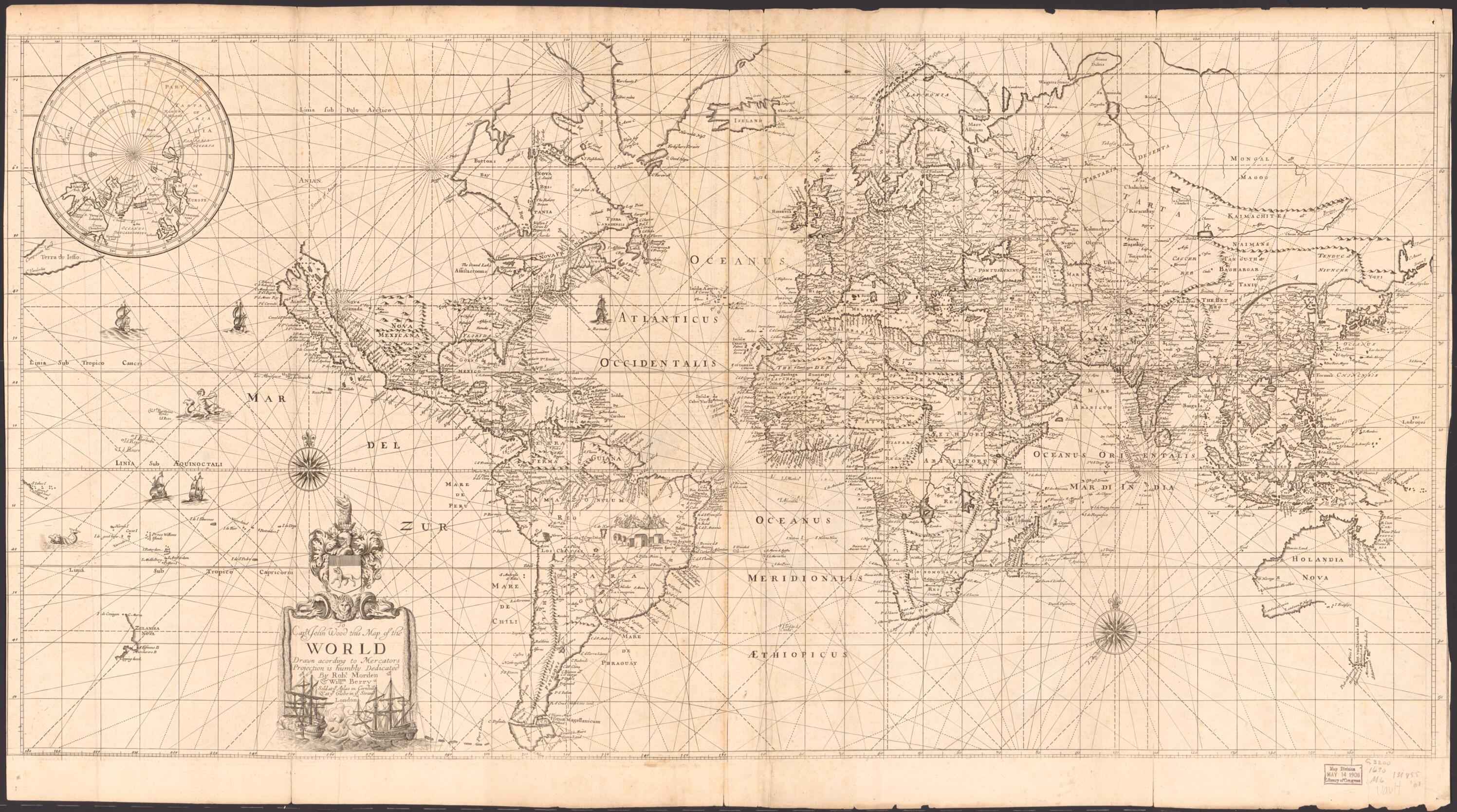 This old map of To Capt. John Wood This Map of the World, Drawn According to Mercators Projection, Is Humbly Dedicated (Map of the World, Drawn According to Mercators Projection) from 1690 was created by William Berry, Robert Morden in 1690